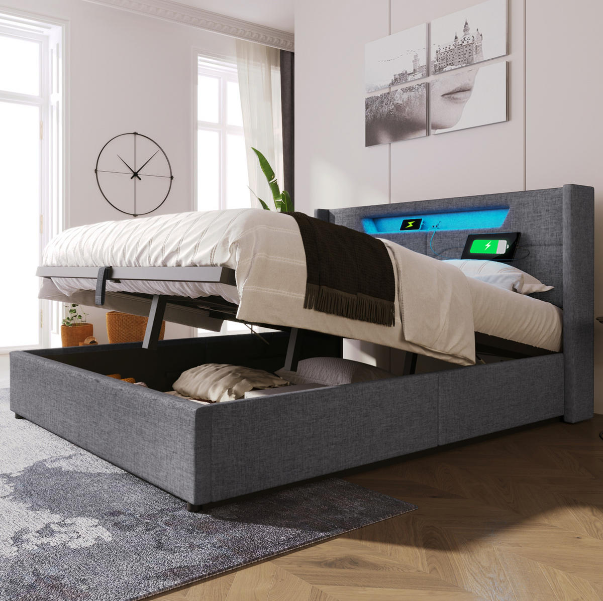 BETT mit Stauraum, LED und USB 160x200 cm Leinen Grau - Grau, Metall (160/200cm) - Meubliv