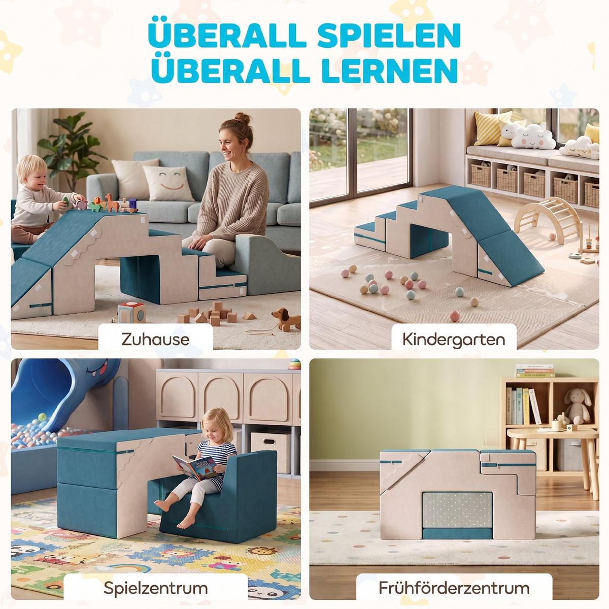 KINDER-SPIELSOFA 2er Set Samt Schaumstoff Blau - Dunkelblau, Textil (39/131cm) - AIYAPLAY