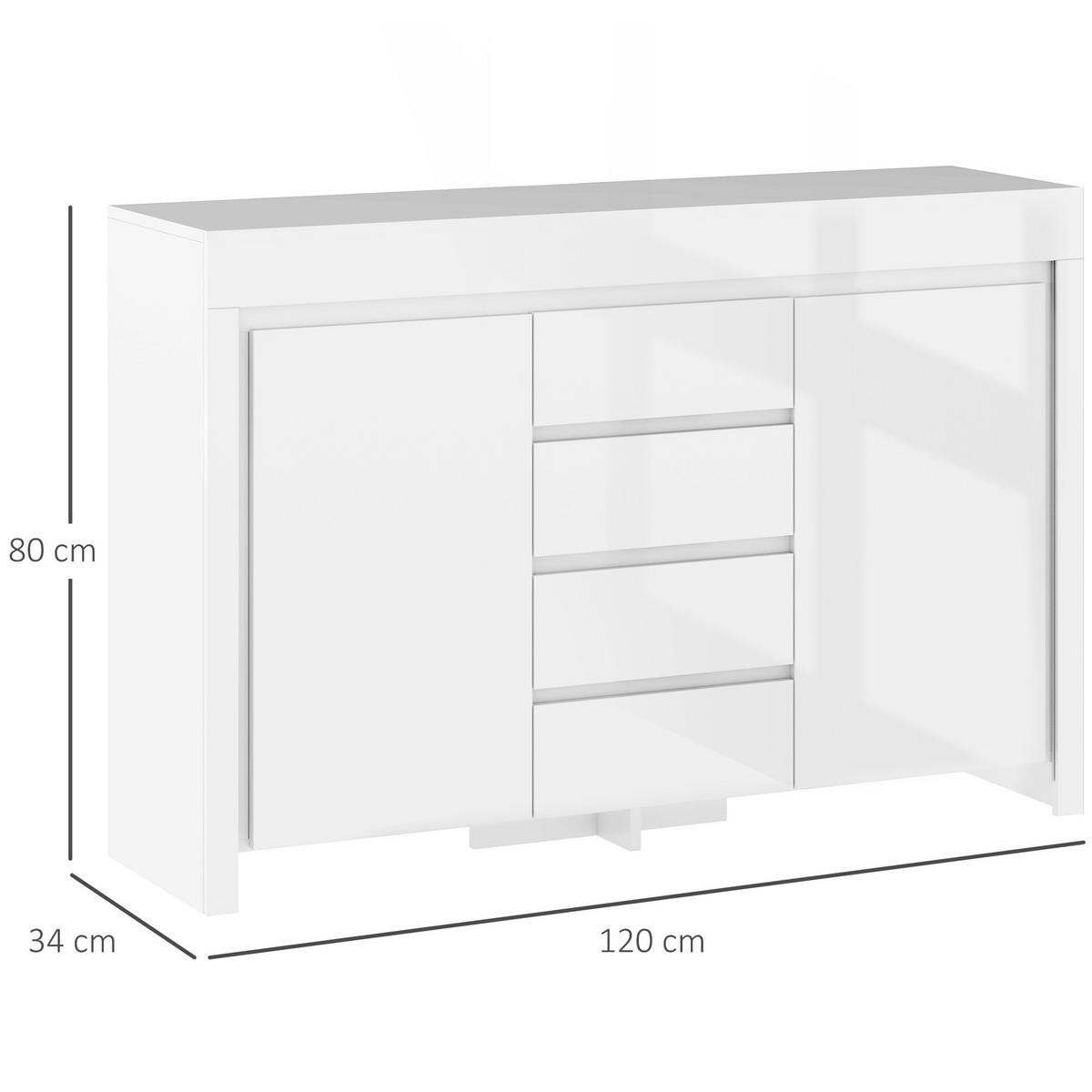 SIDEBOARD Weiß Hochglanz, LED-Beleuchtung, 4 Schubladen, 120/34/80 cm - Weiß Hochglanz, Holz (120/80/34cm) - PANGIVO