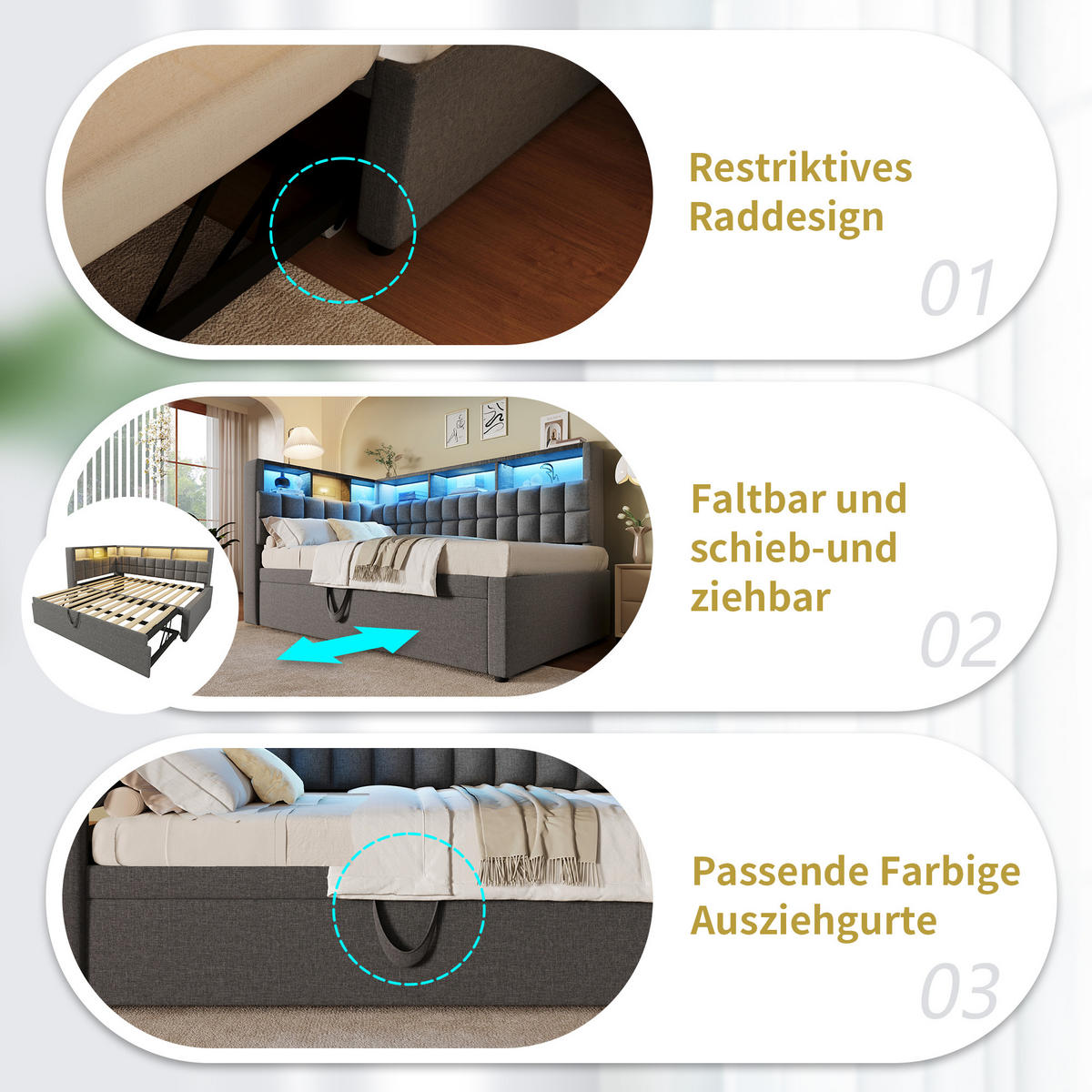 SCHLAFSOFA 90/200 cm & 90/190 cm in Grau Leinen mit Ausziehbett, LED und USB & Type-C - Grau, Holzwerkstoff/Textil (90/200cm) - WISHDOR