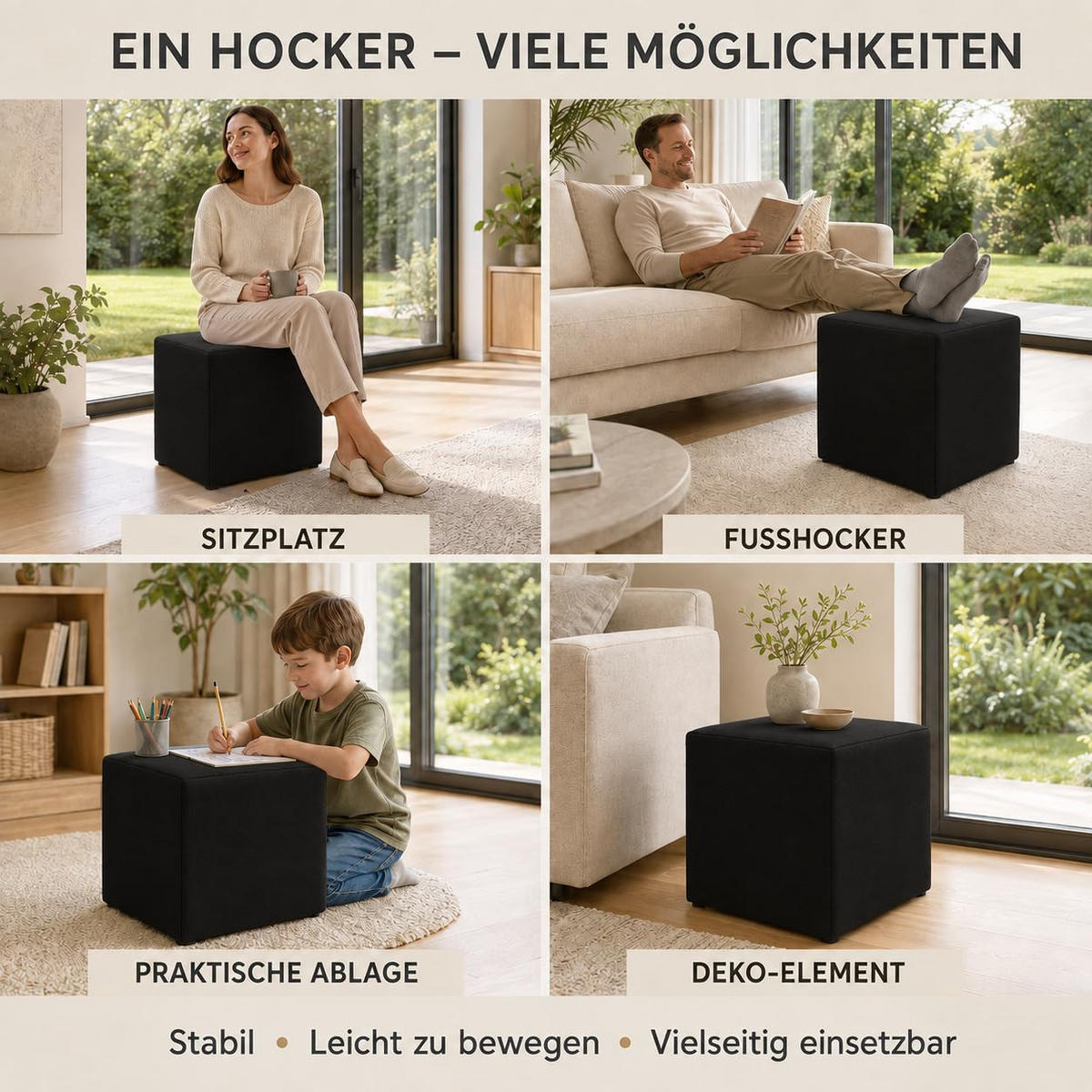 SITZWÜRFEL / Siège Pouf - Noir, 40X40X40 Cm, Assise Rembourrée, Confortable Pour Salon, Chambre Ou Bureau - Schwarz, Textil (41/41/40cm) - Best For Home