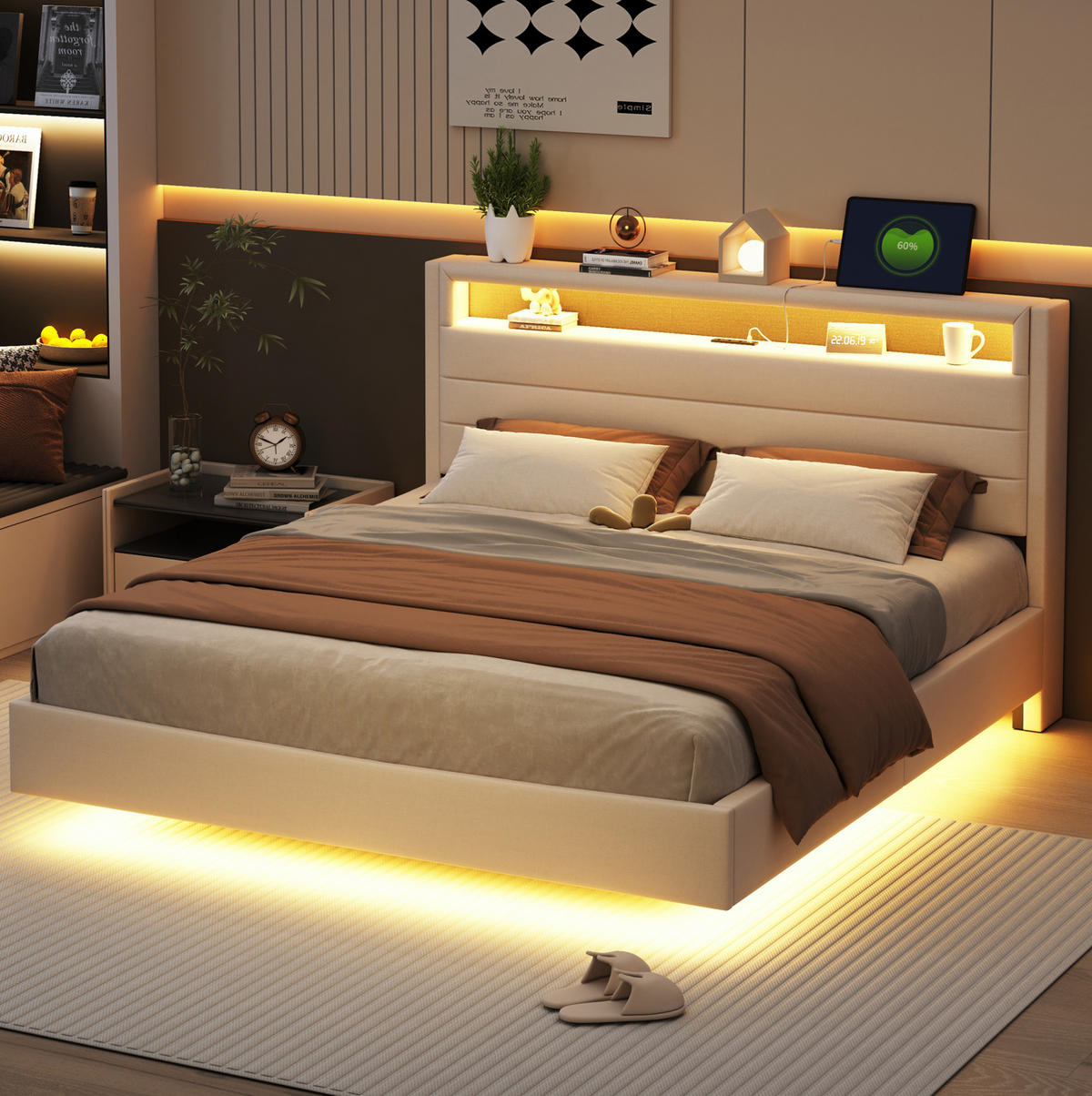 ČALÚNENÁ posteľ 160/200 cm s USB portom, LED osvetlením a sklopným čelom, skrytými nohami a úložným priestorom, Béžová - béžová, textil (160/200cm) - Redom