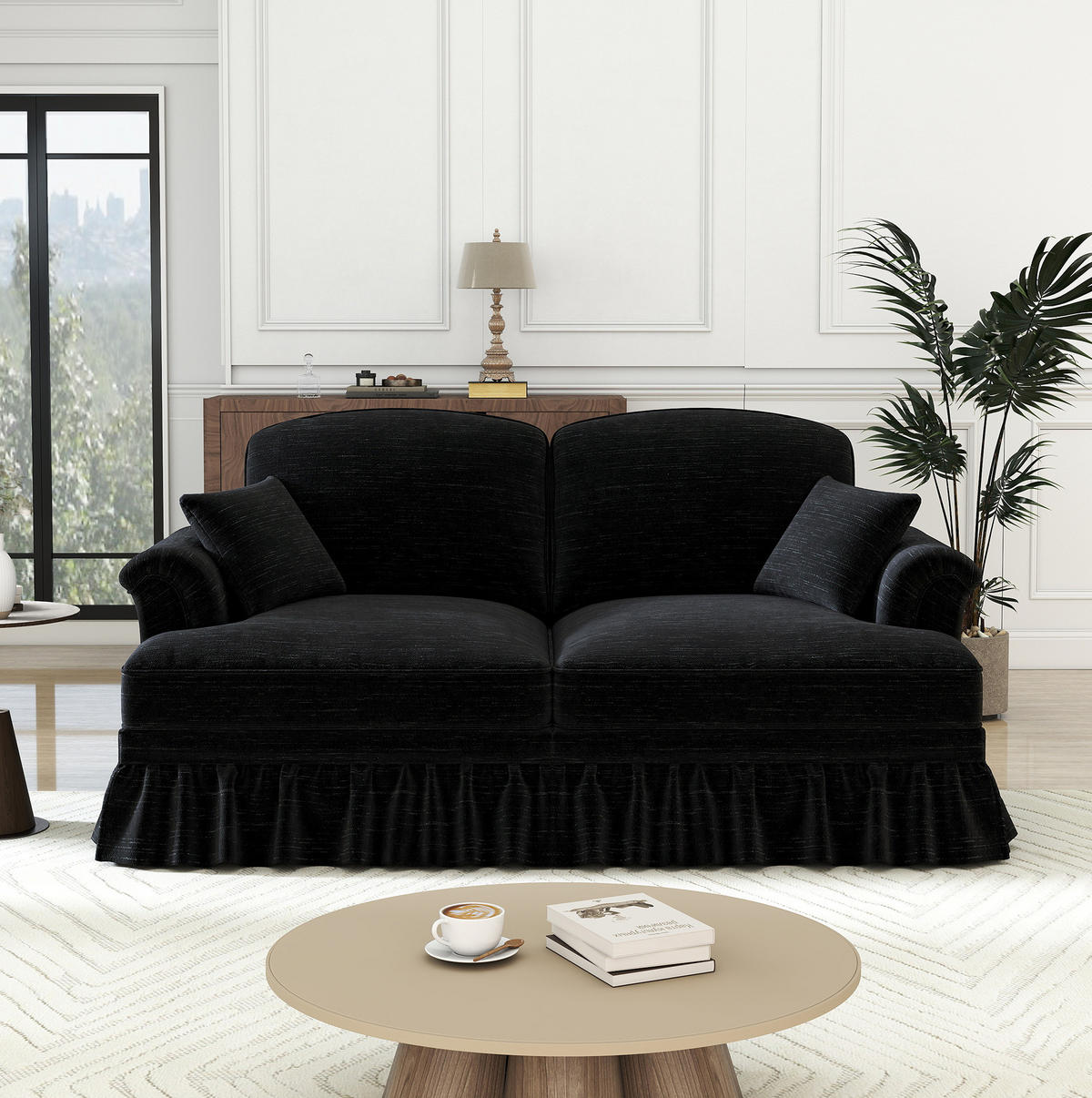 2-SITZER aus Chenille in Schwarz mit abnehmbarem Rüschenrock - Schwarz, Textil (83.5/93/194cm) - Modfu