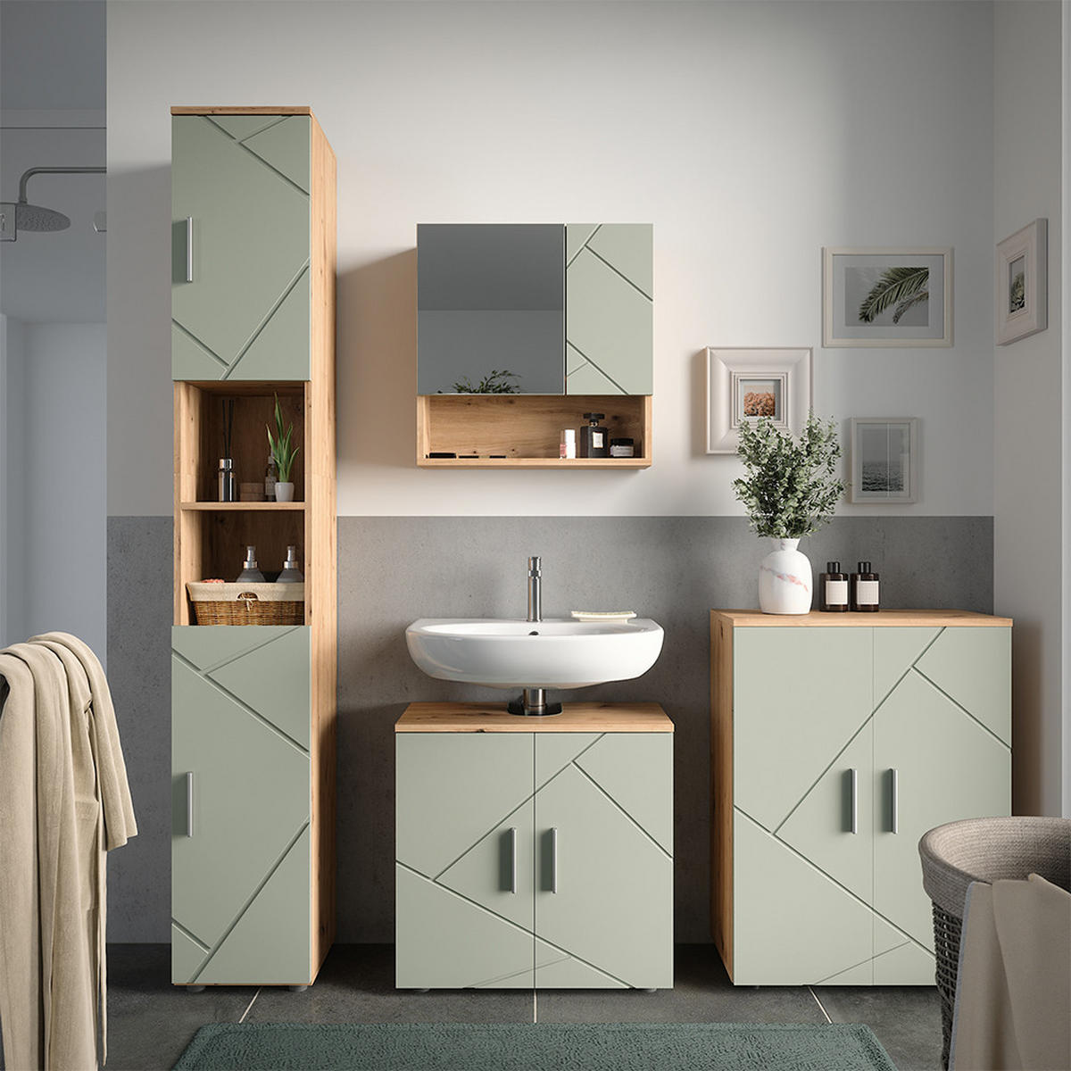 BADMÖBEL-SET Irma Salbeigrün 4 Teile - Salbeigrün, Holzwerkstoff (60/59/30cm) - Vicco