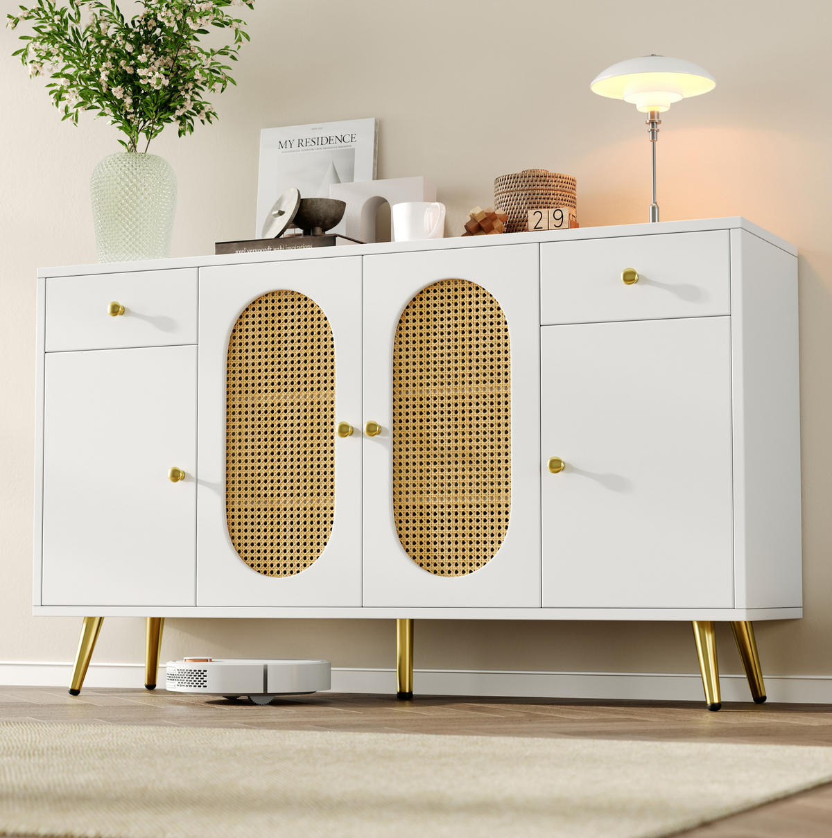 SIDEBOARD 140/35/82 cm weiß/natur aus Spanplatte mit 2 Schubladen und 4 Türen - Naturfarben, Holzwerkstoff (140/82/35cm) - OKWISH