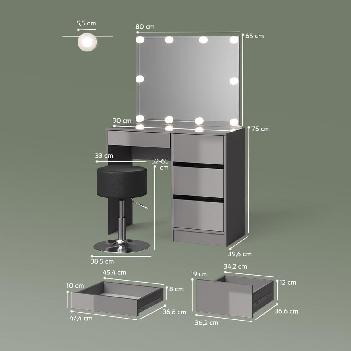 SCHMINKTISCH Imola Grau mit LED Beleuchtung und Hocker - Grau, Holzwerkstoff (90/75/40cm) - Livinity®