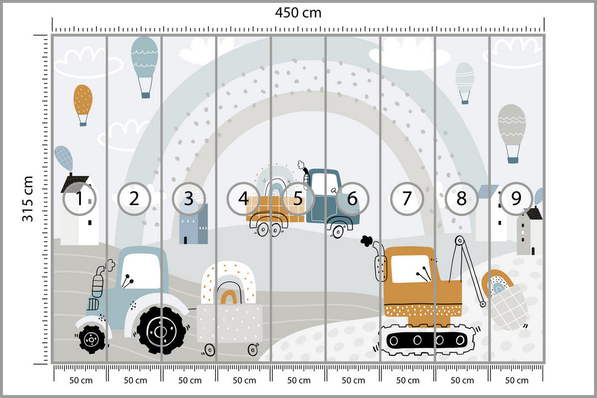 FOTOTAPETE für Kinderzimmer Baumaschinen Regenbogen Hügel Wolken 450x315 - Blau/Beige, Papier (450/315cm) - Muralo
