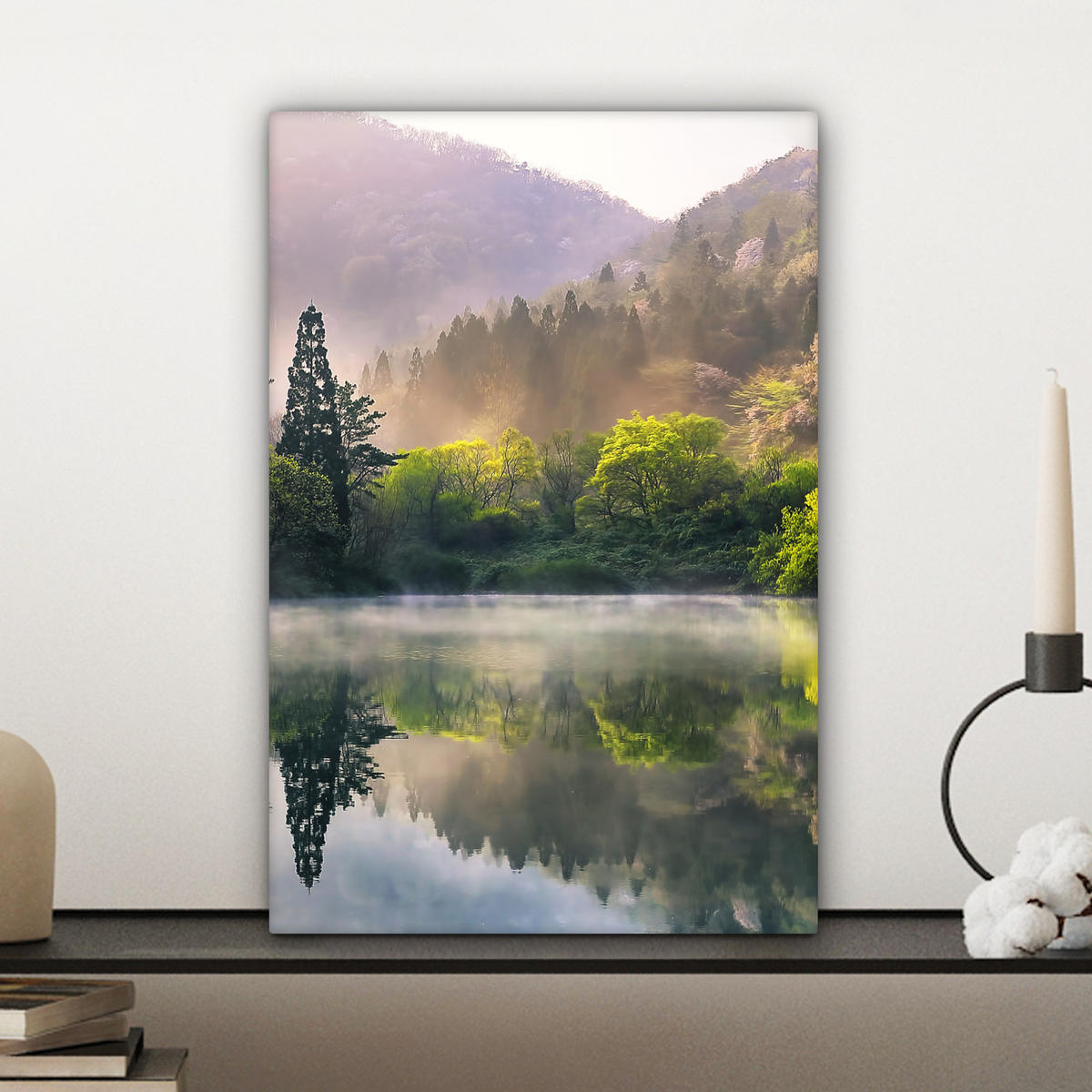 LEINWANDBILD Natur - Bäume - Berge - See - Wasser Deko Wohnzimmer 20x30 cm - Hellgrün, Textil (20/30cm) - MuchoWow