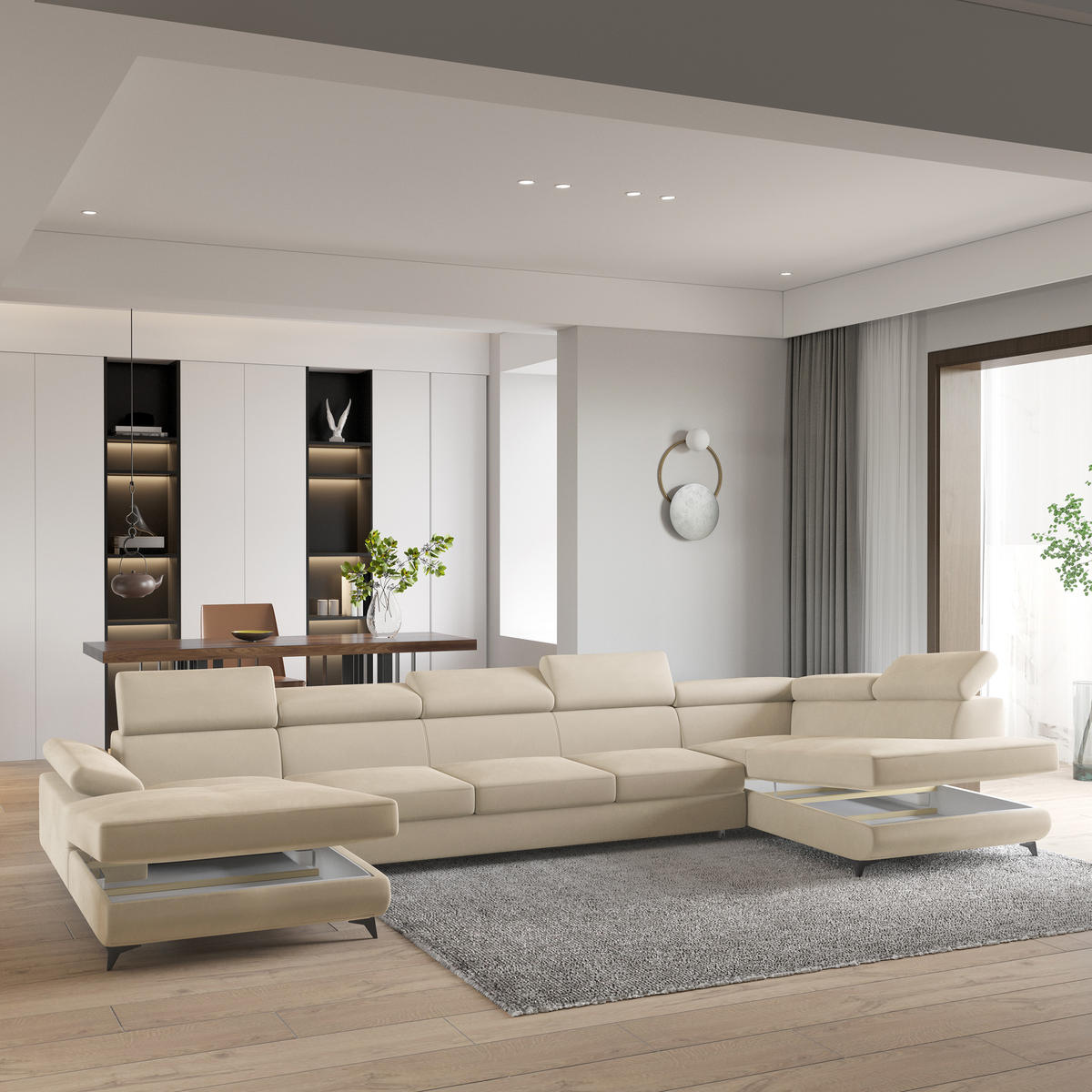 WOHNLANDSCHAFT MONTIVA Creme Velours-Stoff mit Schlaffunktion - Creme, Holz (410/89/190cm) - MASSENO