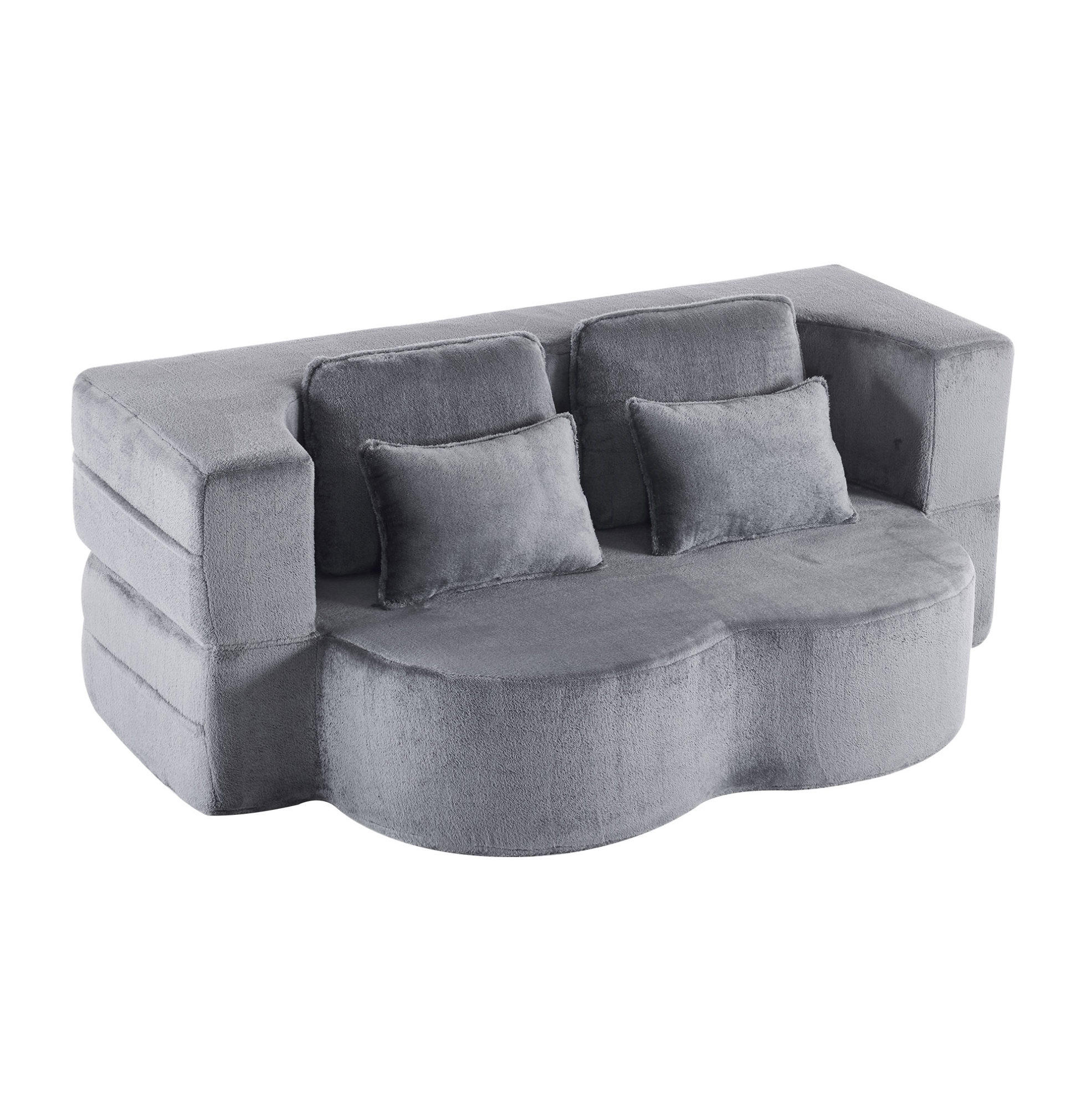 Modfu ROZKLÁDACÍ podlahová pohovka z pěny a 198x60x76 cm pružin modrošedá, jako futon i lůžko se 4 polštáři