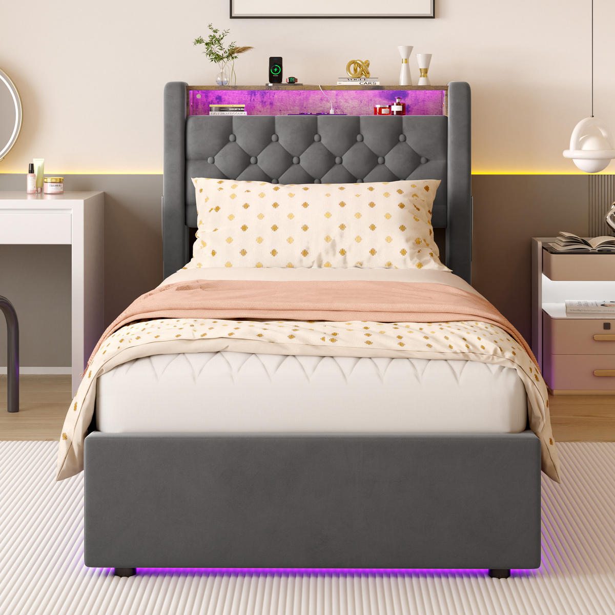 POLSTERBETT 90/200 cm in Dunkelgrau Samt mit Bettkasten, LED-Beleuchtung und USB-Anschluss - Dunkelgrau, Holzwerkstoff/Textil (90/200cm) - CHICFURN