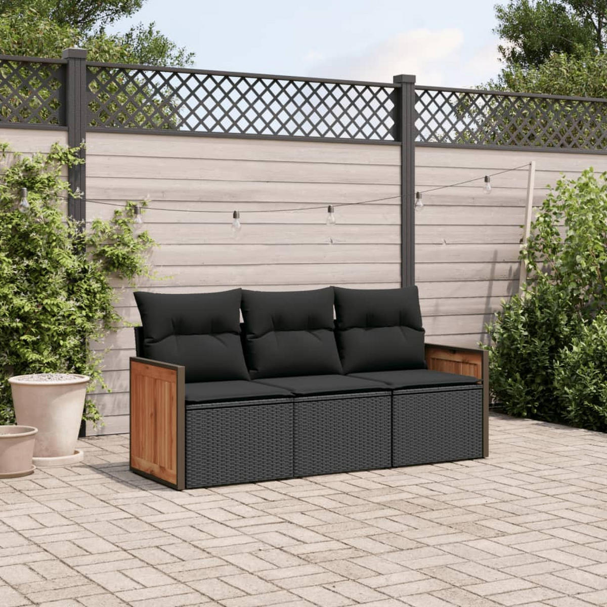 GARTEN-SOFAGARNITUR 3-teilig Mit Kissen Schwarz Poly Rattan - Schwarz, Kunststoff - vidaXL