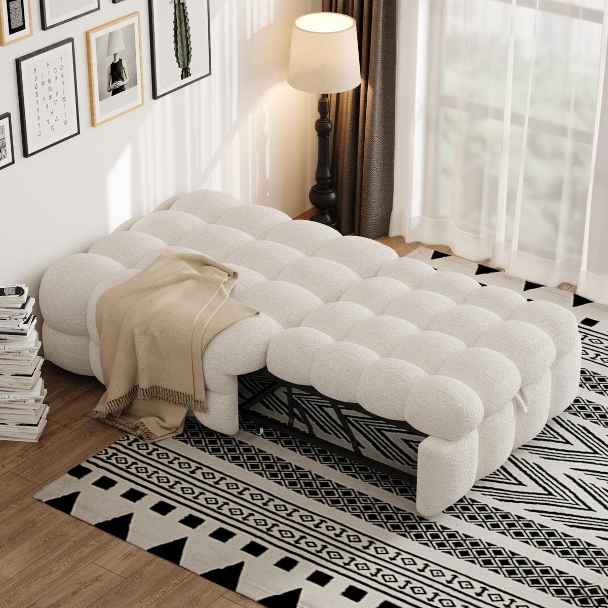 POLSTERBETT in Beige Teddy-Stoff, Ausziehbares Schlafsofa - Beige, Textil (80/180cm) - KOMHTOM