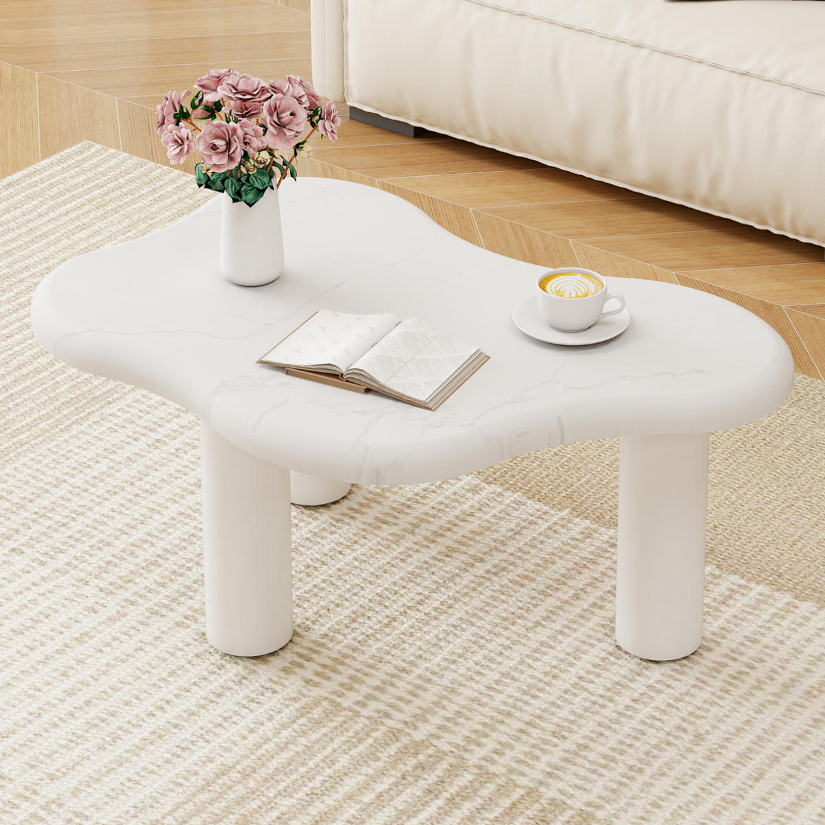 COUCHTISCH 90/62/40 cm weiß aus Holzwerkstoff in Marmoroptik mit wolkenförmiger Tischplatte - Weiß, Holzwerkstoff (90.8/62.5/40cm) - OKWISH