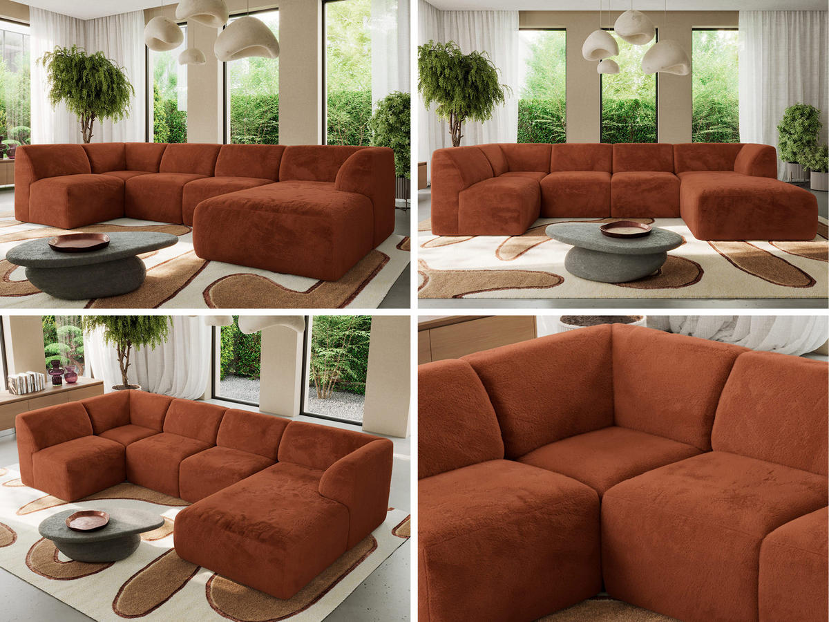 WOHNLANDSCHAFT MODARO U 5M - Orange Plüsch - Rechts - Schwarz/Orange, Textil (345/78/180cm) - MKS