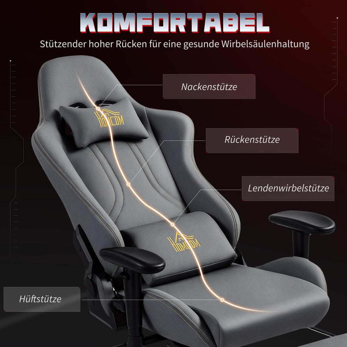 GAMING Stuhl Ergonomisch Wildlederimitat mit Lendenkissen, Fußstütze, Kopfkissen - Dunkelgrau, Textil (72/132/76cm) - HOMCOM