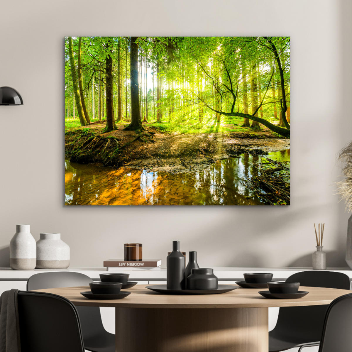 METALLBILD Wald - Landschaft - Wasser - Bäume - Sonne - Grün - Natur 80x60 cm - Grün, Metall (80/60cm) - MuchoWow