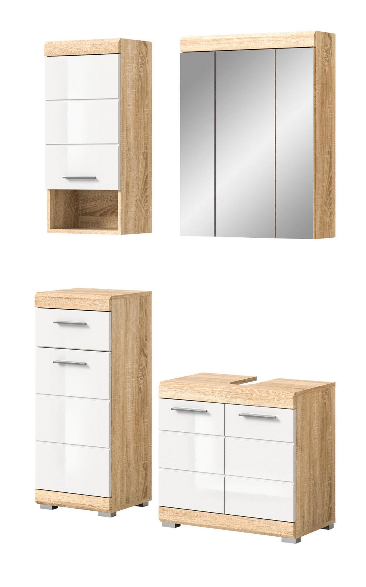 BADMÖBEL-SET weiß Hochglanz, Eiche 4-teilig 112 cm, Kombination mit viel Stauraum - Weiß Hochglanz/Eichefarben, Holzwerkstoff (112/191/34cm) - Inn.Furn