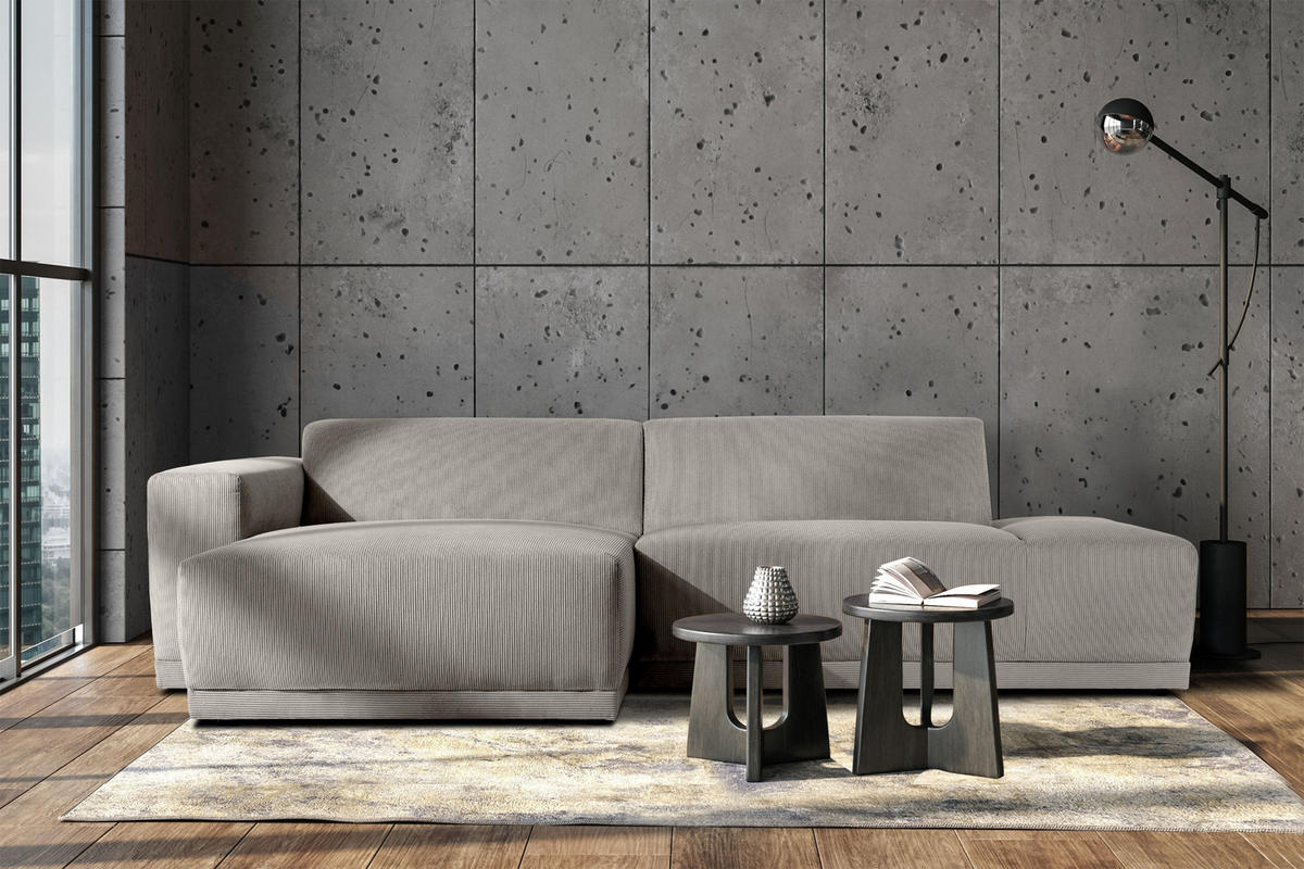 ECKSOFA-LINKS MUDI in moderner Optik mit hochwertigem Kaltschaum, Cord-Stoff, hellgrau - Hellgrau/Schwarz, Textil (280/160cm) - KONSIMO®