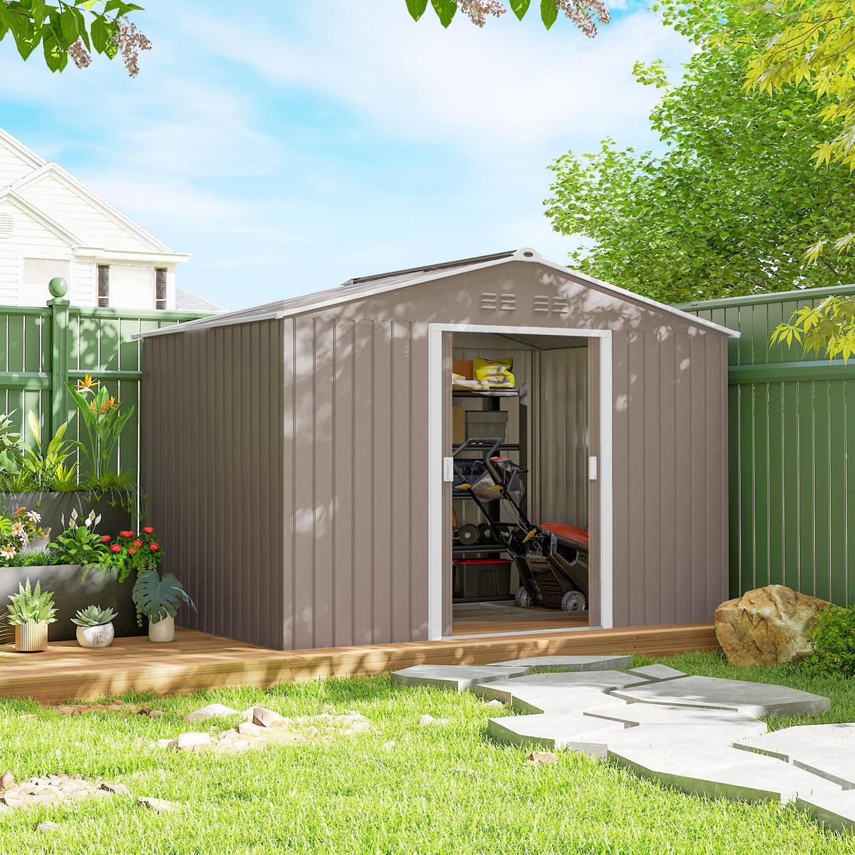 VERZINKTER Stahl Gerätehaus 277x 195x 192cm - Hellgrau, Metall (195/192/277cm) - Outsunny