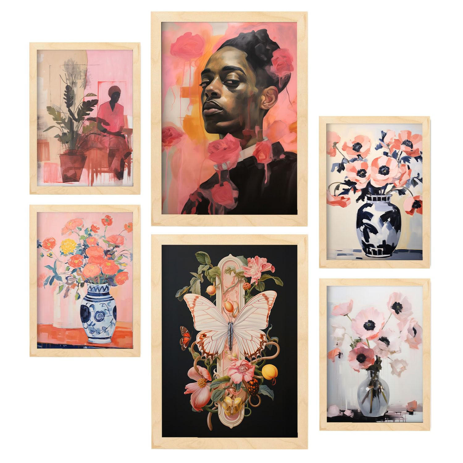 POSTER Set Mit 6 Blüte Schönheit In Vielseitiger A3 & A4 Rahmen Aus Hellem Holz - Beige, Papier (29/3cm) - Nacnic