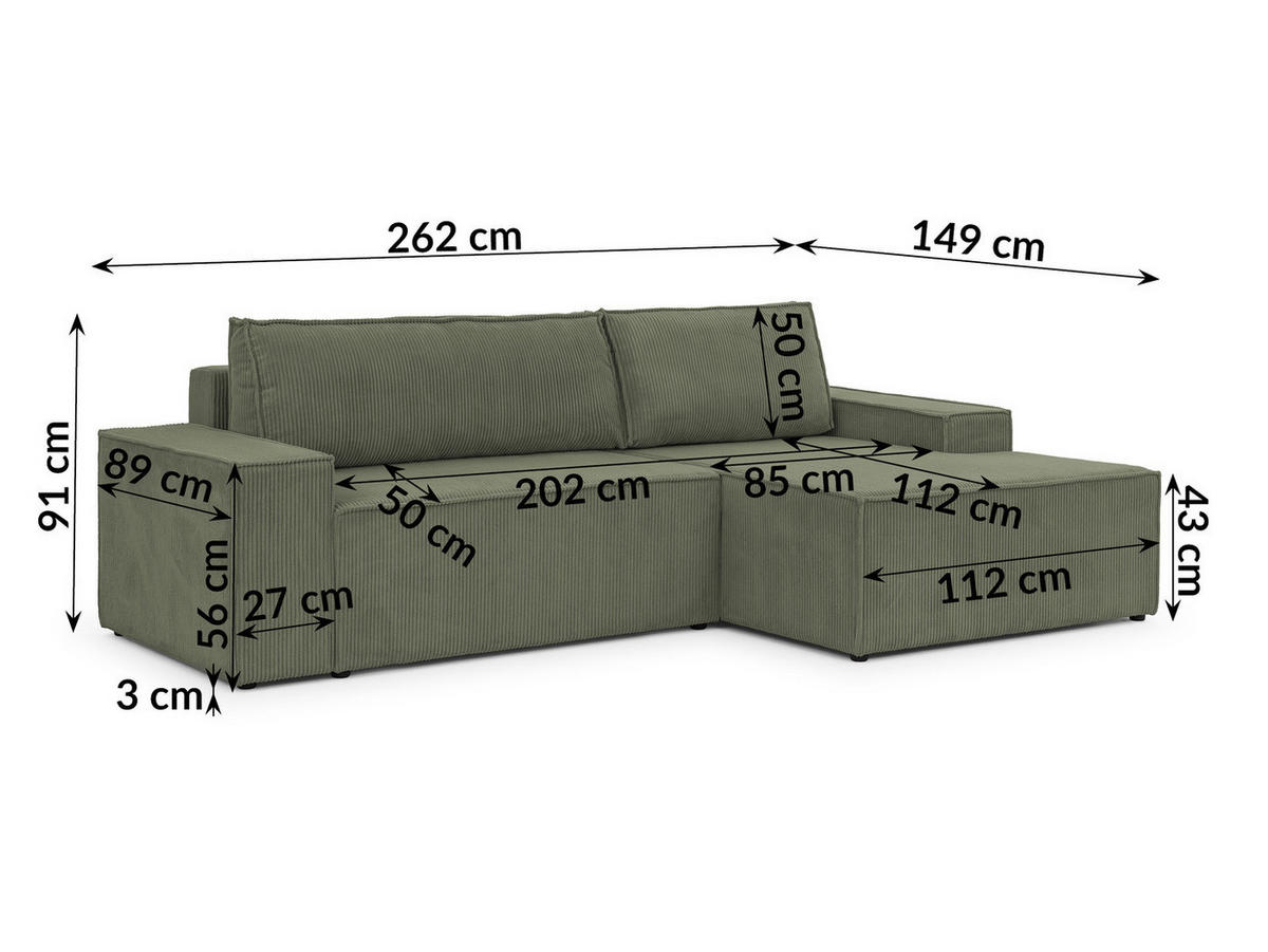 ECKSOFA Rivio mit Schlaffunktion und Bettkasten, Cordstoff Grün - Schwarz/Grün, Holz/Kunststoff (262/149cm) - S-Style