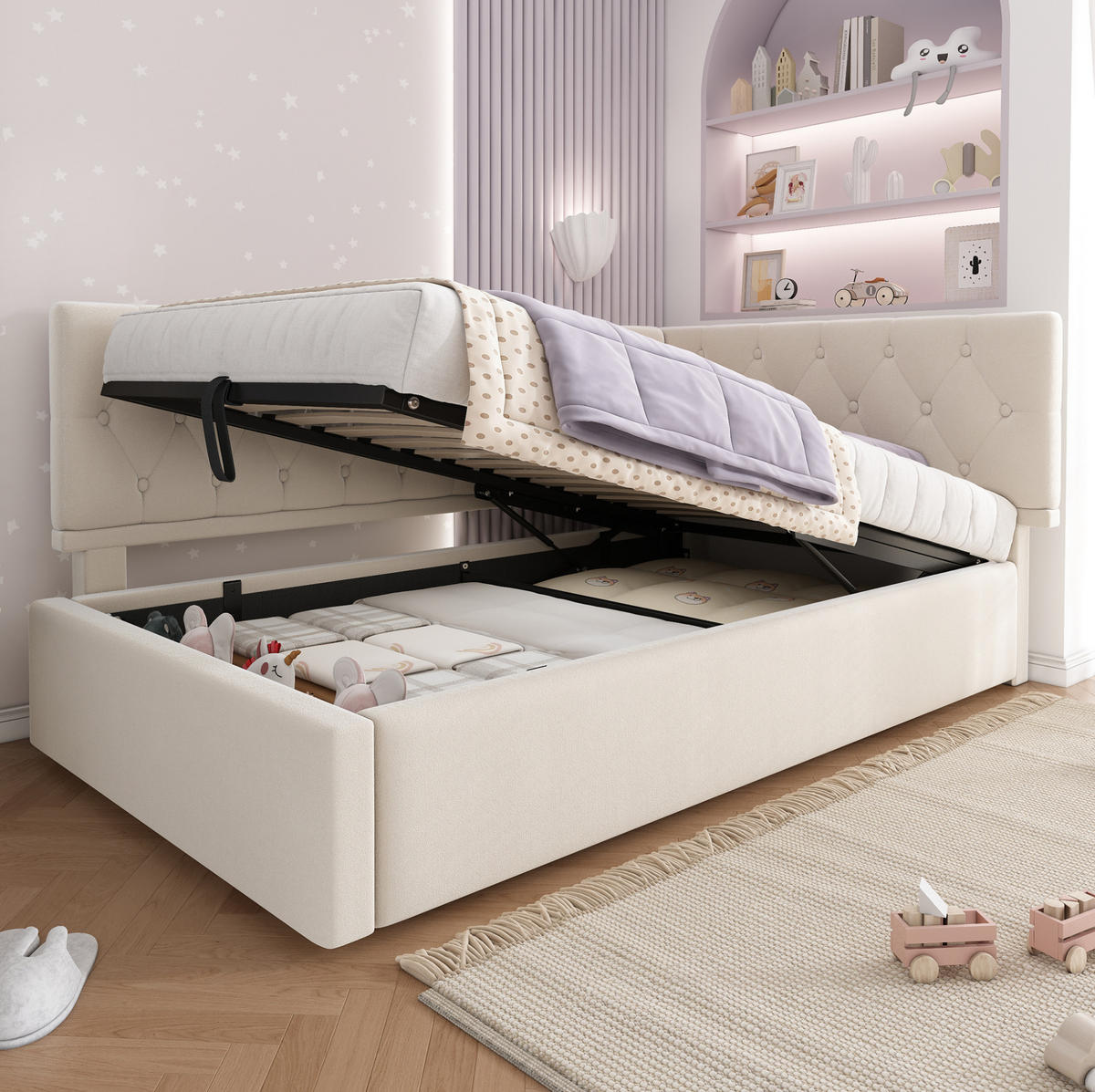 KINDERBETT Polsterbett 90/190 cm aus Samt mit hydraulischem Stauraum Beige - Beige, Textil (90/190cm) - Modenvie