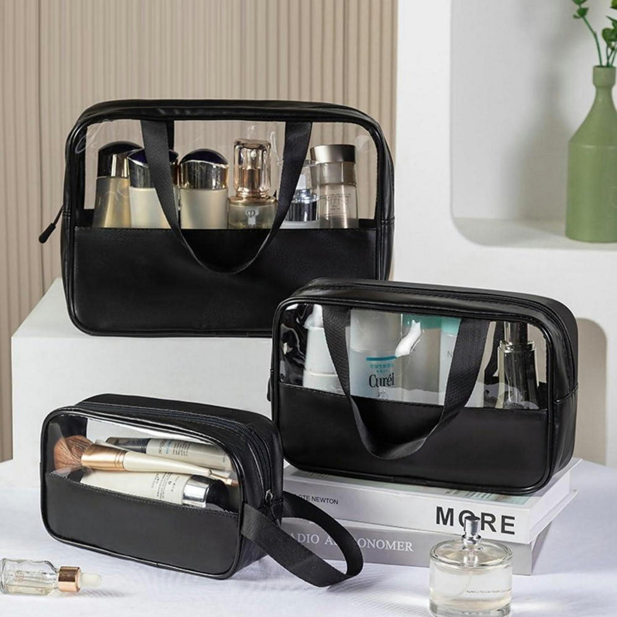 KULTURBEUTEL Set 3-teilig Transparent Schwarz - Schwarz, Kunststoff (22.5/3.8/32cm)
