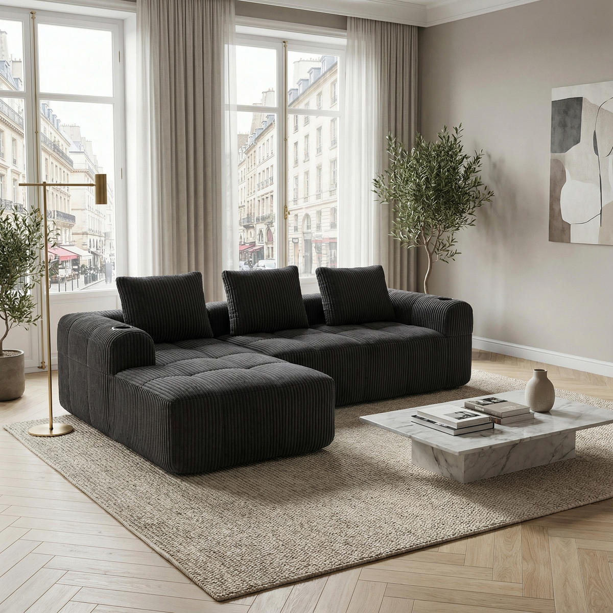 ECKSOFA 3-Sitzer mit Getränkehalter, Seitentaschen & 3 Kissen - Dunkelgrau, Textil (253/158cm) - Urban Meuble