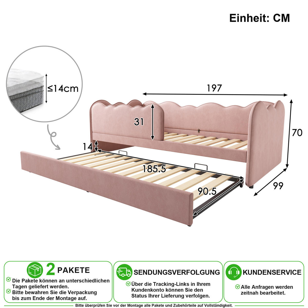 POLSTERBETT 90/190 cm in Rosa mit Ausziehbett und Lattenrost Samt - Rosa, Holzwerkstoff/Textil (90/190cm) - CHICFURN