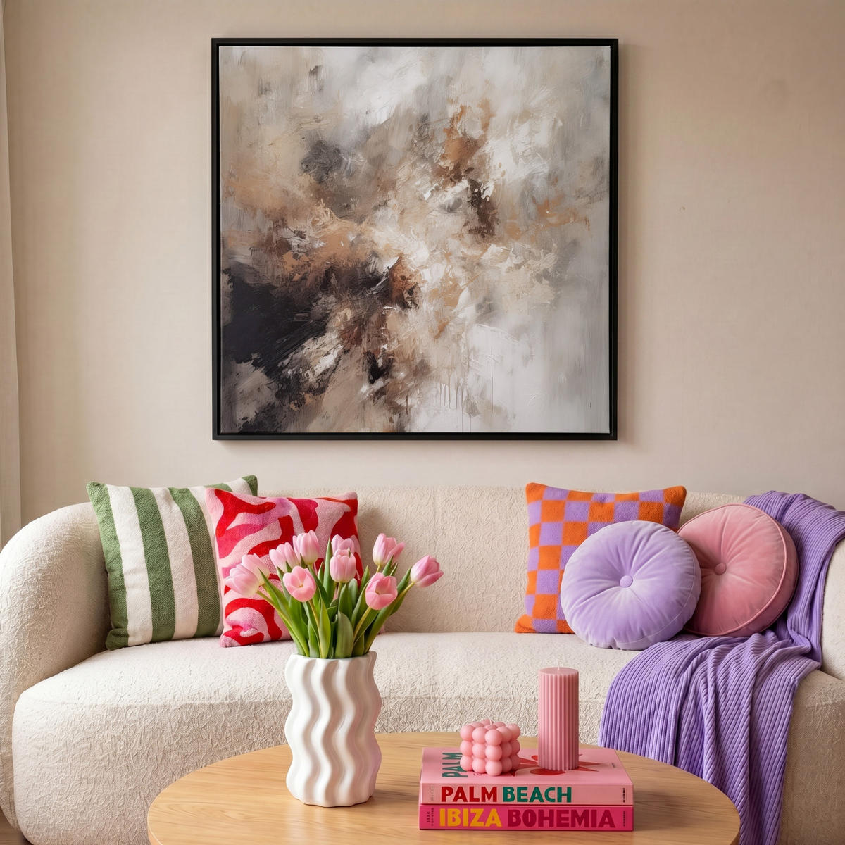 LEINWAND Bilder mit Rahmen - Farbe - Abstrakt - Beige - Kunst - 90x90 - Greige, Textil (90/90cm) - MuchoWow