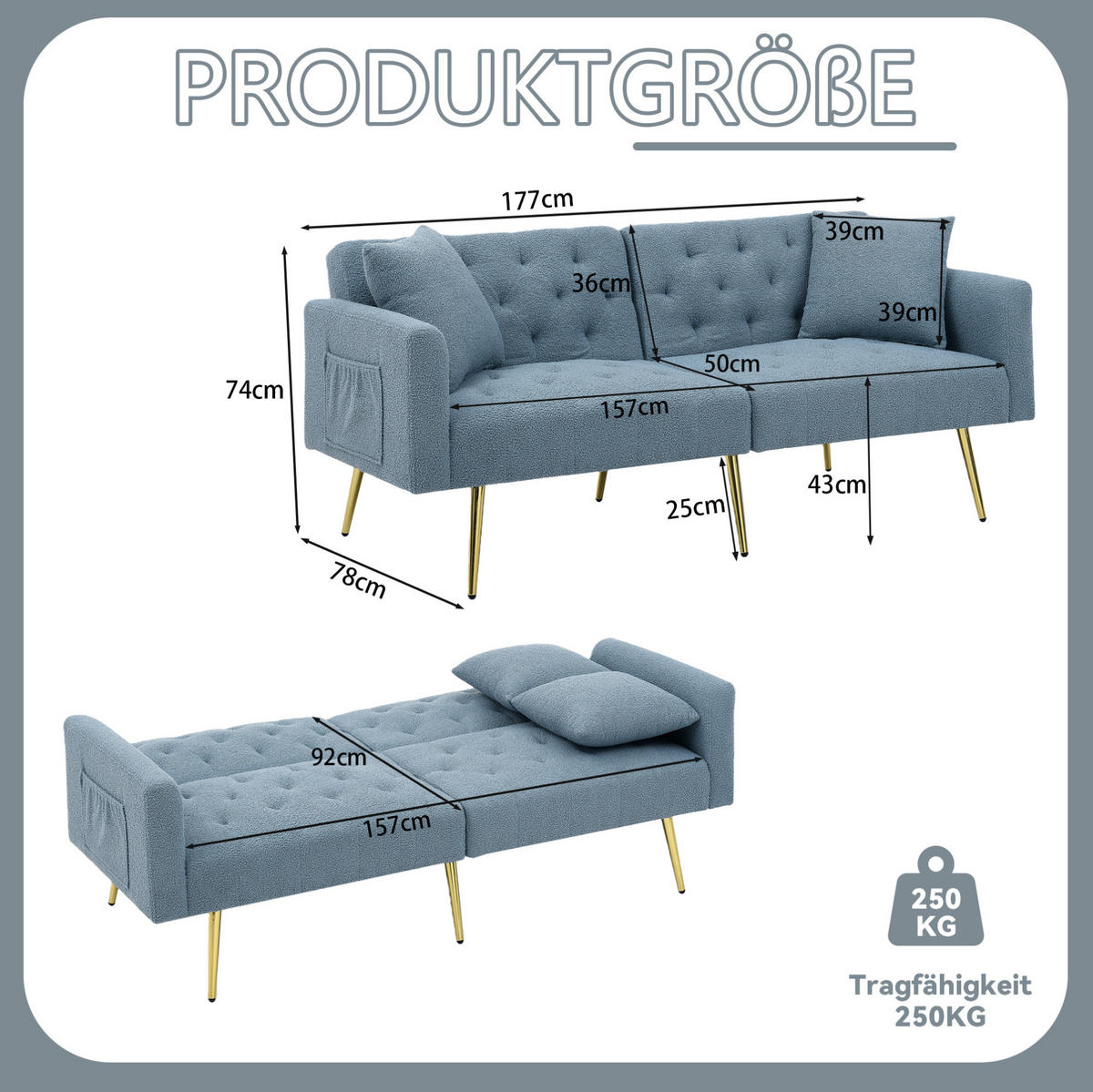 SOFA mit verstellbarer Rückenlehne, 2-Sitzer, Teddy Blue - Blau, Holzwerkstoff (177/74/78cm) - Meubliv
