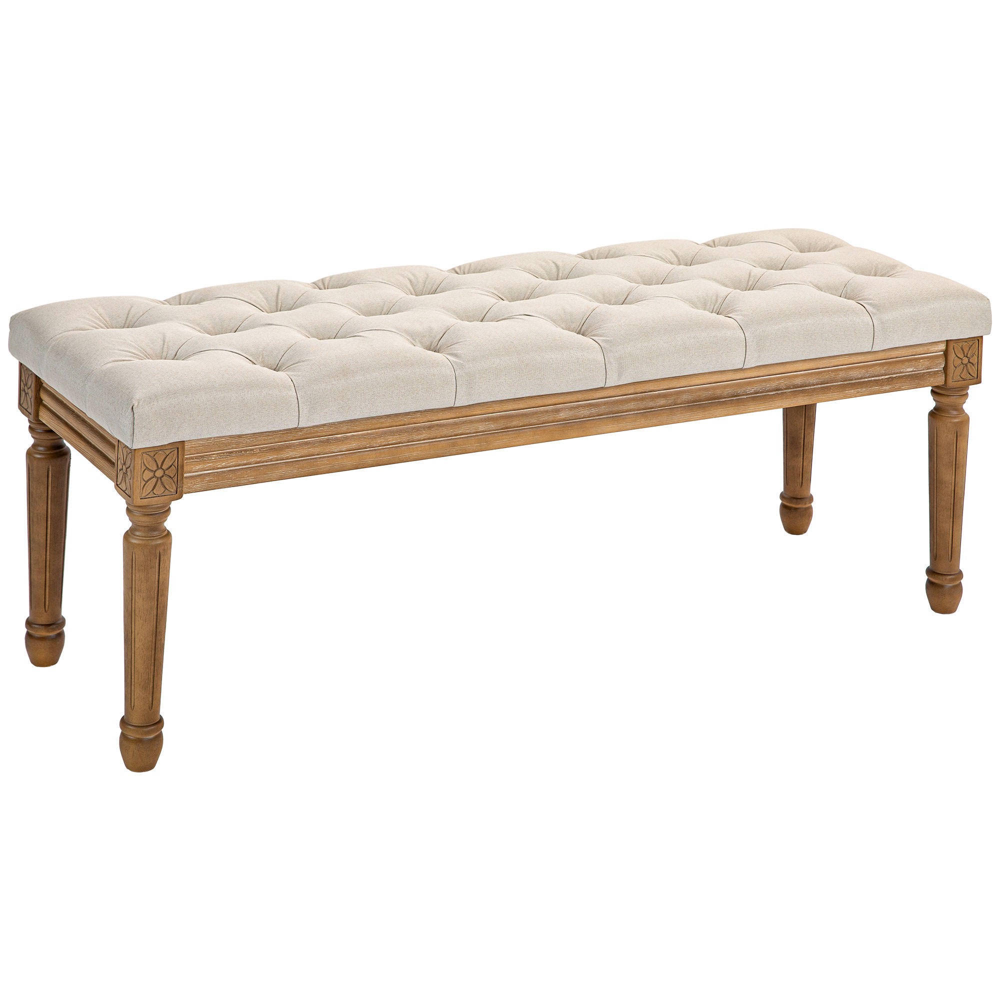 SITZBANK, Polsterbank mit Leinenoptik, Holzbeine für Schlafzimmer, Creme - Eukalyptusholzfarben/Creme, Holz/Kunststoff (41/48/120cm) - HOMCOM