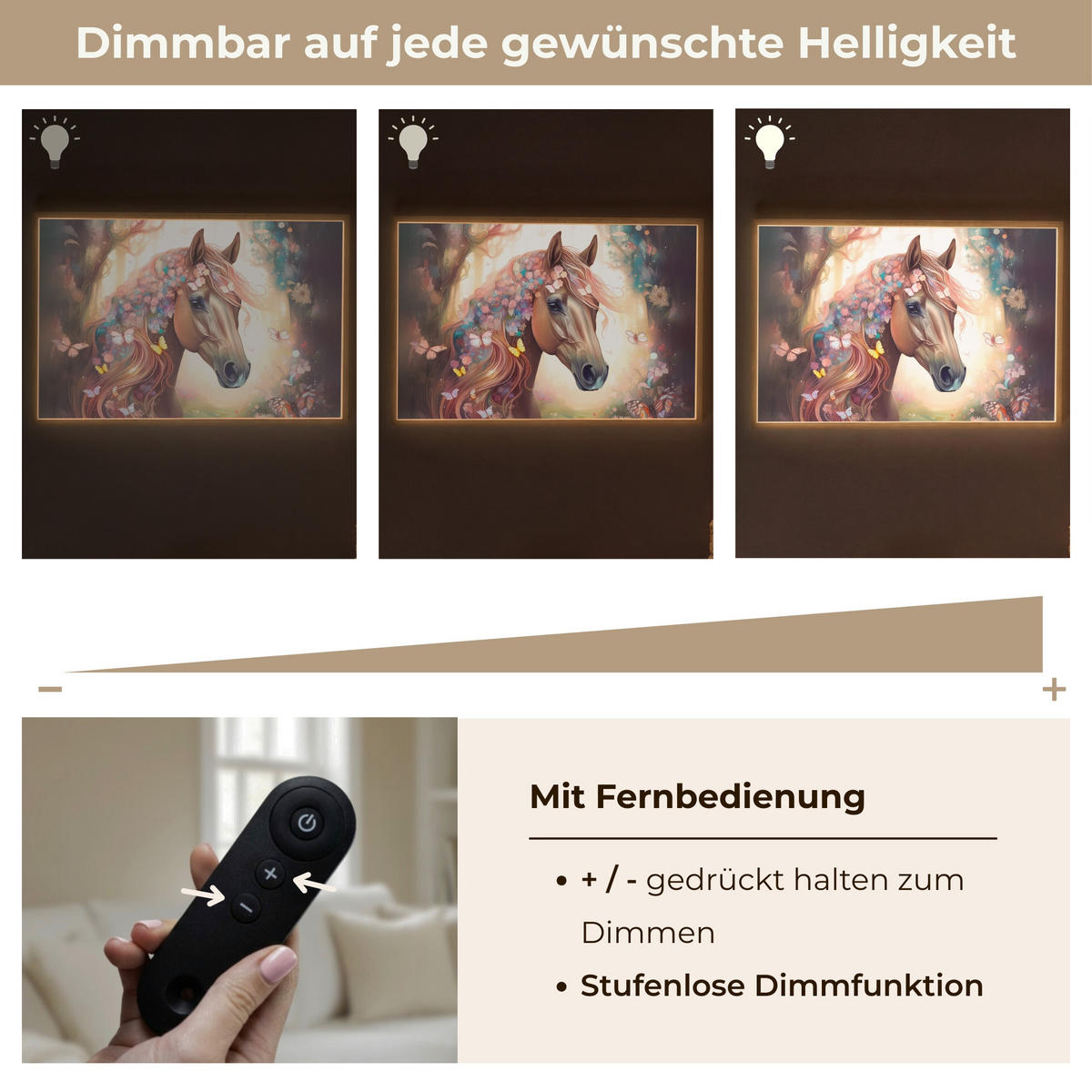 NÁSTĚNNÁ LAMPA S AKUMULÁTOREM Kůň - Příroda - Květiny - Motýli - Les 90x60 cm - tmavě hnědá, kompozitní dřevo (90/60/8cm) - OnlyWow