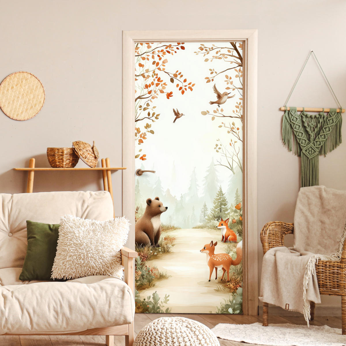 TÜRAUFKLEBER Selbstklebend - Wald - Herbst - Waldtiere - Bär - Fuchs 90x205 cm - Türtapete - Kastanienfarben, Kunststoff (90/0.1cm) - MuchoWow