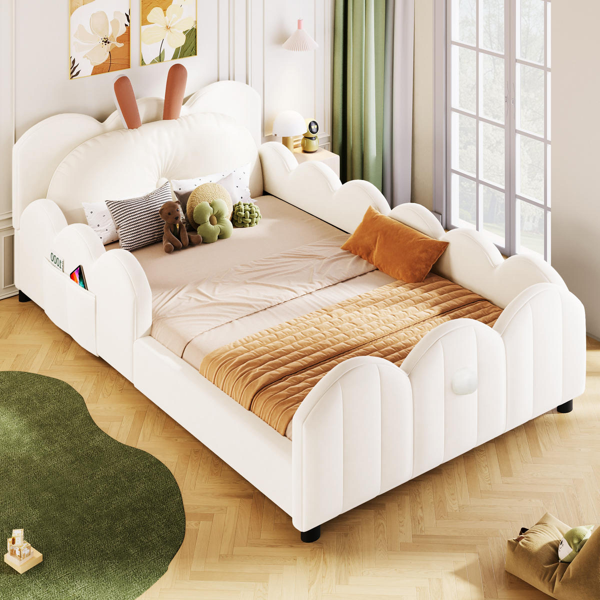 KINDERBETT 90/200 cm in Beige Samt mit Schutzgeländern und Kaninchen-Kopfteil - Beige/Schwarz, Holzwerkstoff/Textil - STILVORA