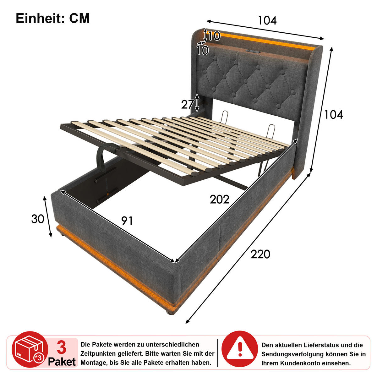 ČALOUNĚNÁ POSTEL 90 × 200 cm v šedém lnu s úložným prostorem, LED osvětlením a USB/USB-C - šedá, kov/kompozitní dřevo (90/200cm) - WISHDOR