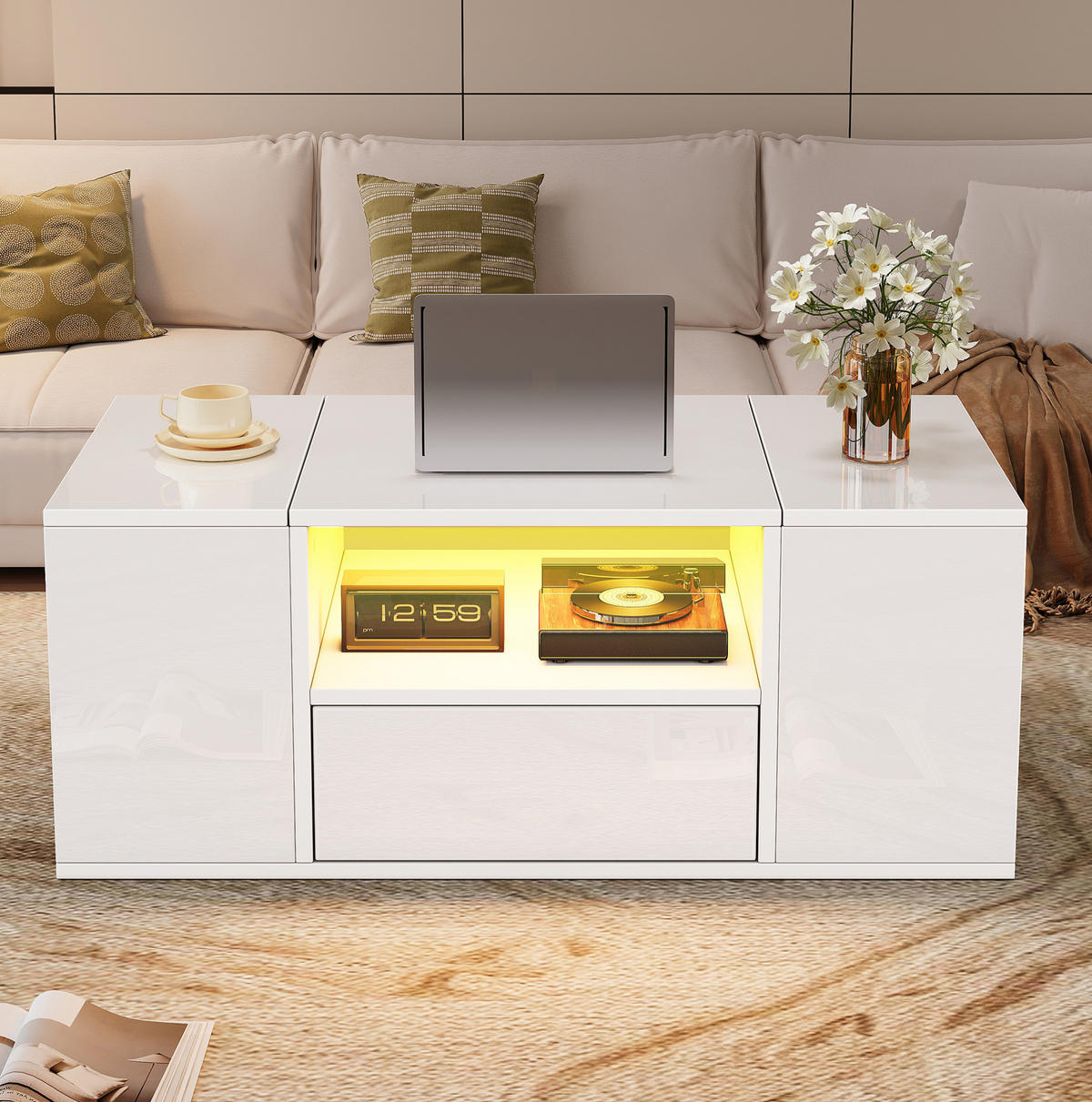 COUCHTISCH aus Spanplatte 100x50x40 cm Weiß mit LED-Beleuchtung und Stauraum - Weiß, Holzwerkstoff (100/50/40cm) - IVMEU