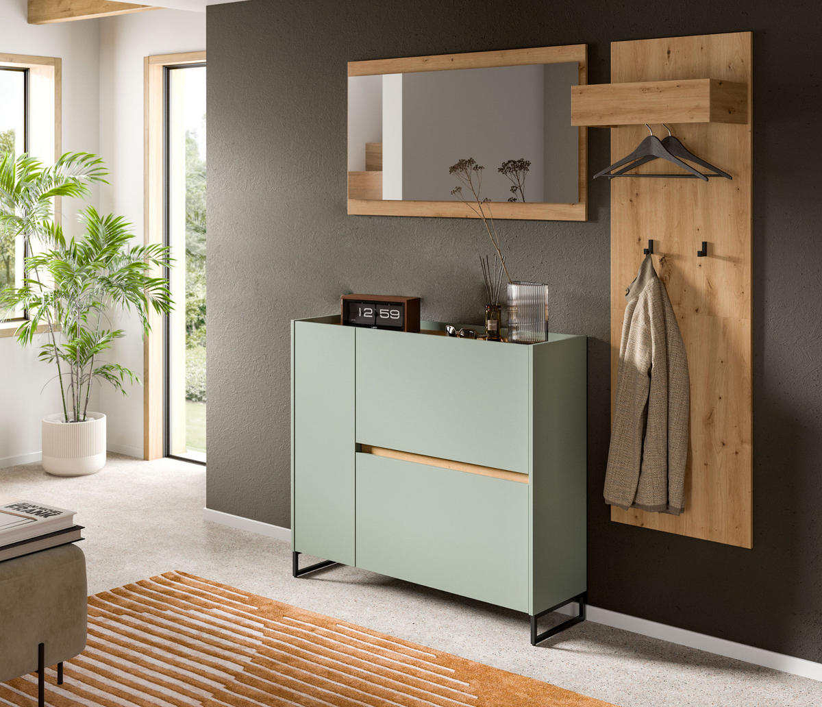 GARDEROBEN-SET 3-teilig Salbei grün, Eiche Artisan 175 cm, Garderobenschränke mit Soft-Close - Salbeigrün/Schwarz, Glas/Holzwerkstoff (175/192/32cm) - Inn.Furn