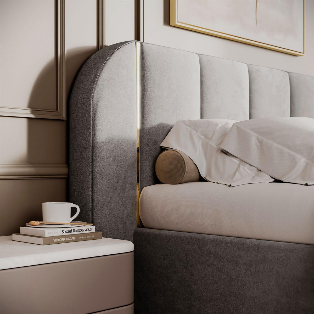 BETT AMARA GOLD 140x200 gepolstert mit Stauraum und Lattenrost, Royal Velvet 251 - Grau, Textil (140/200cm) - Lookway