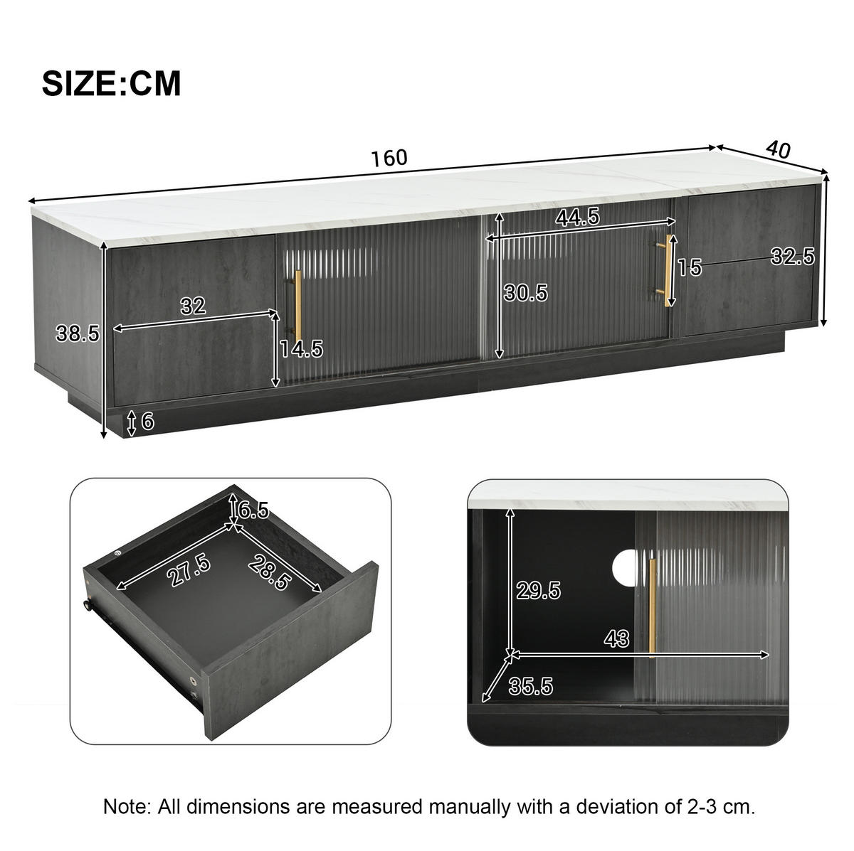 TV ormarić 160/40/38,5 cm sivi od MDF-a s 4 ladice i staklenim vratima - siva, drvni materijal (160/38.5/40cm) - OKWISH