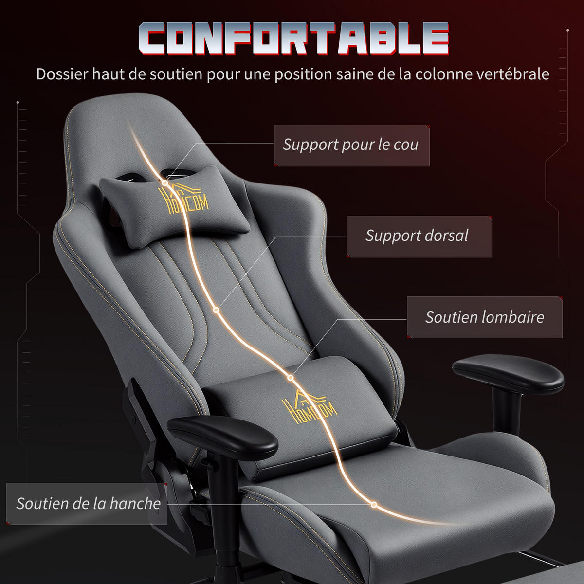 GAMINGSTUHL DE-11784 3D-Armlehnen & 135° Neigung Grau - Dunkelgrau, Metall (72/132/76cm) - ComfortXL