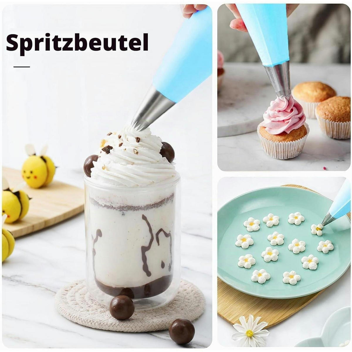 SPRITZBEUTEL-SET 12-teilig Silikon wiederverwendbar mit Edelstahldüsen - Hellblau, Kunststoff (17/3.1/30.5cm)