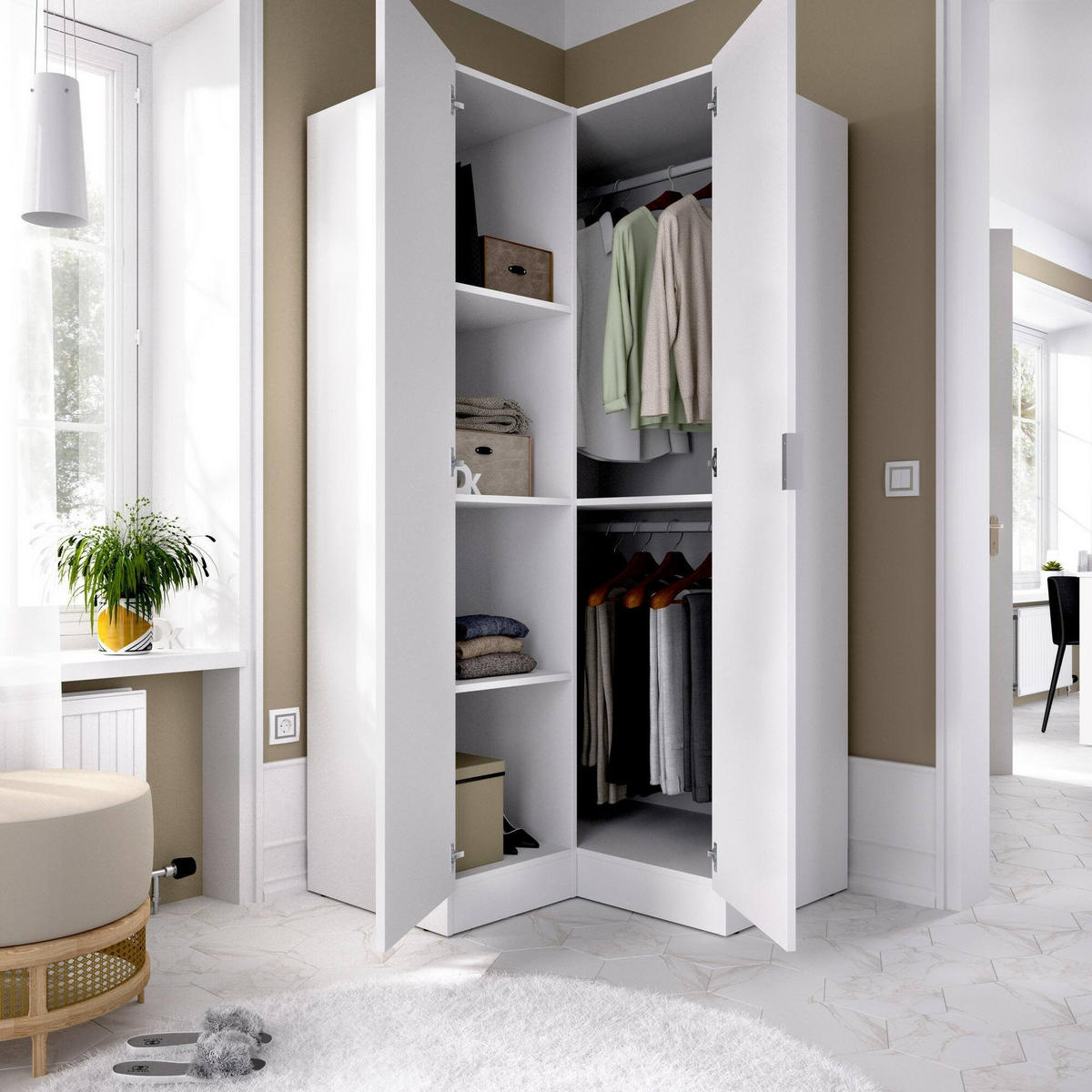 ECKKLEIDERSCHRANK Holz-Effekt Weiß 92.5x90.5h184 - Weiß, Holzwerkstoff (90.5/184/92.5cm) - DMORA