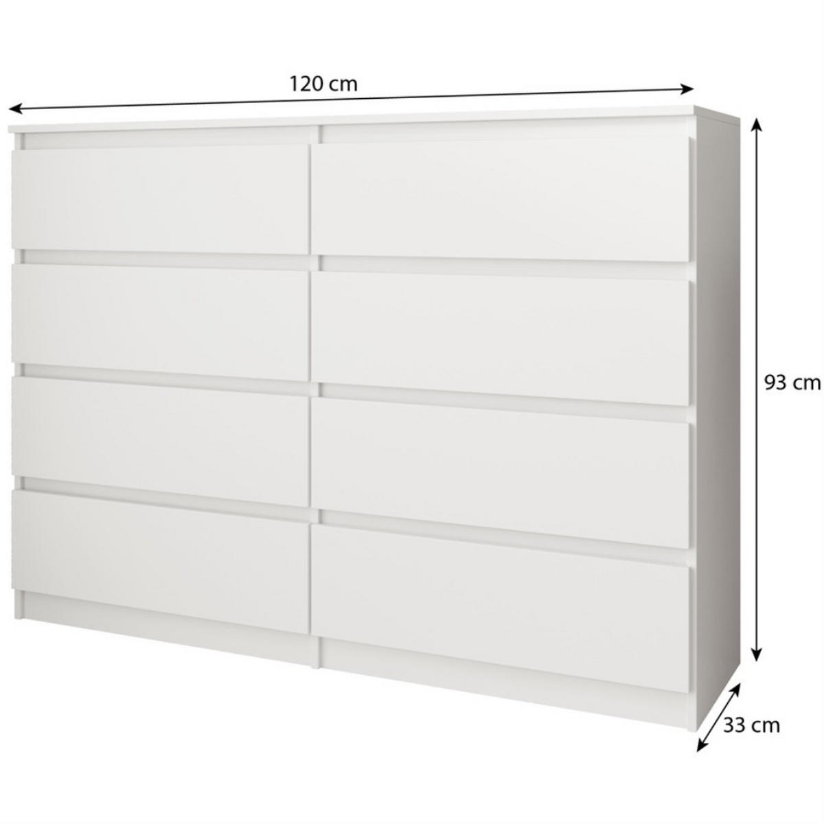 KOMMODE Look 120 cm mit acht Schubladen, weiß - Weiß, Holzwerkstoff (120/93/33cm) - Beautysofa