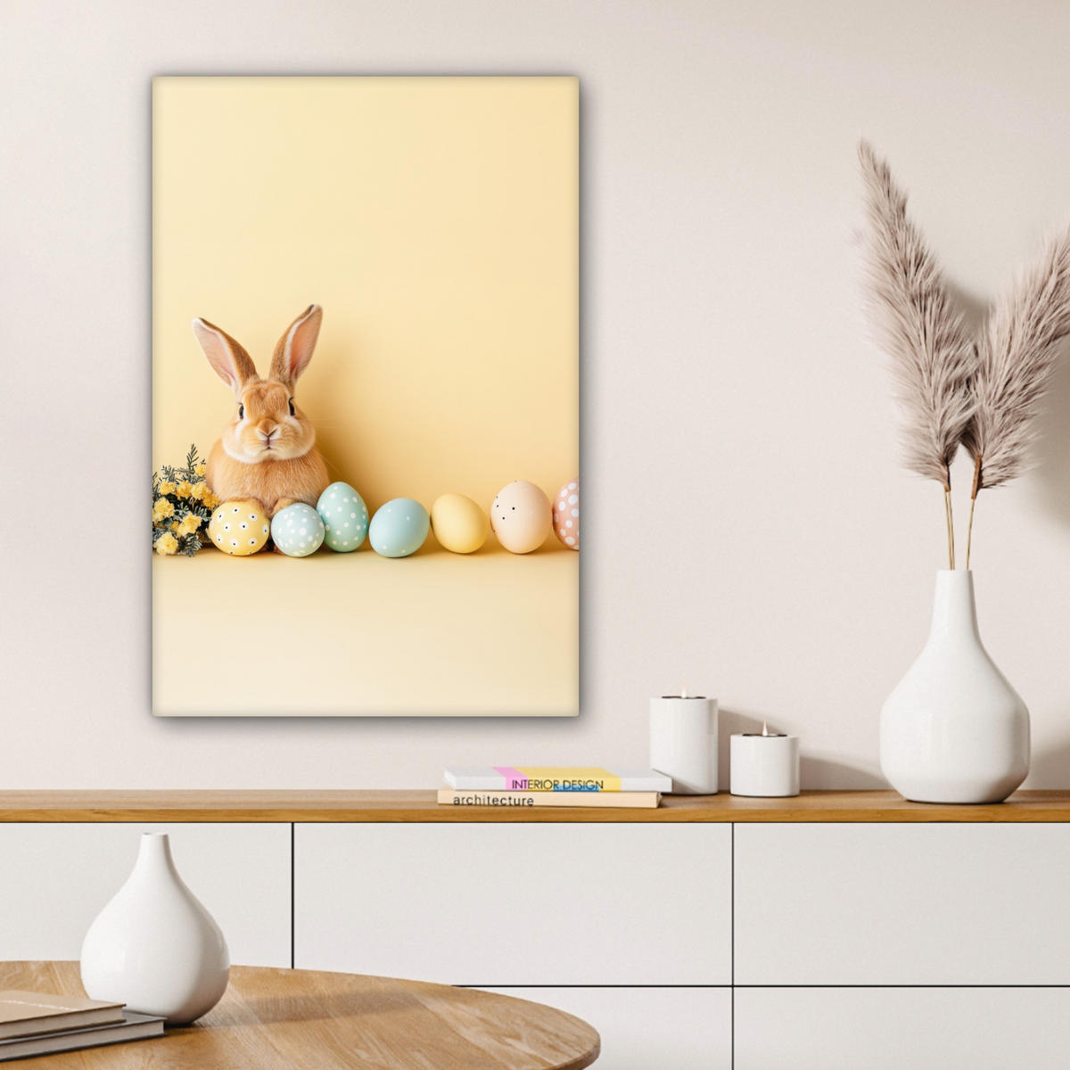 LEINWANDBILD Eier - Kaninchen - Pastellfarbtöne Wanddeko Schlafzimmer 60x90 cm - Hellgelb, Textil (60/90cm) - MuchoWow