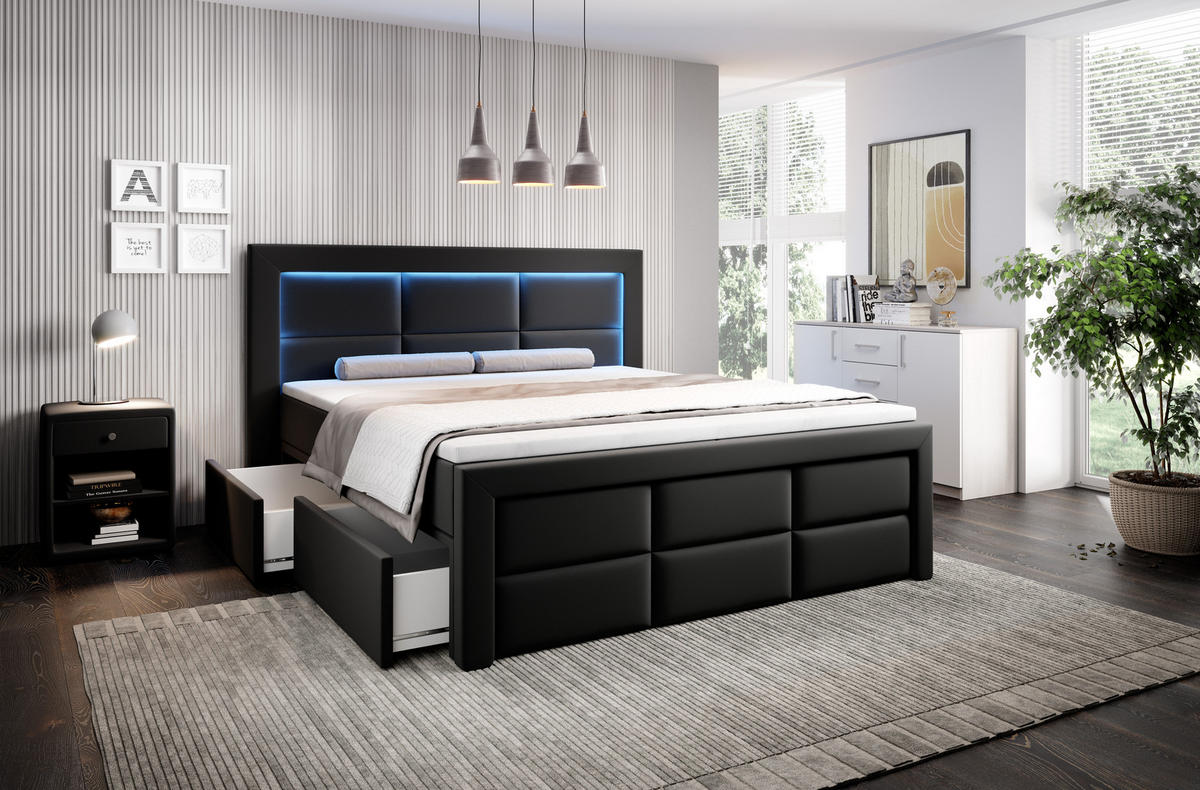 BOXSPRINGBETT Aspen mit Schubladen und Topper, LED-Beleuchtung, Kunstleder, 180x200 cm, Schwarz - Schwarz Hochglanz, Holz - PROMETO Möbel