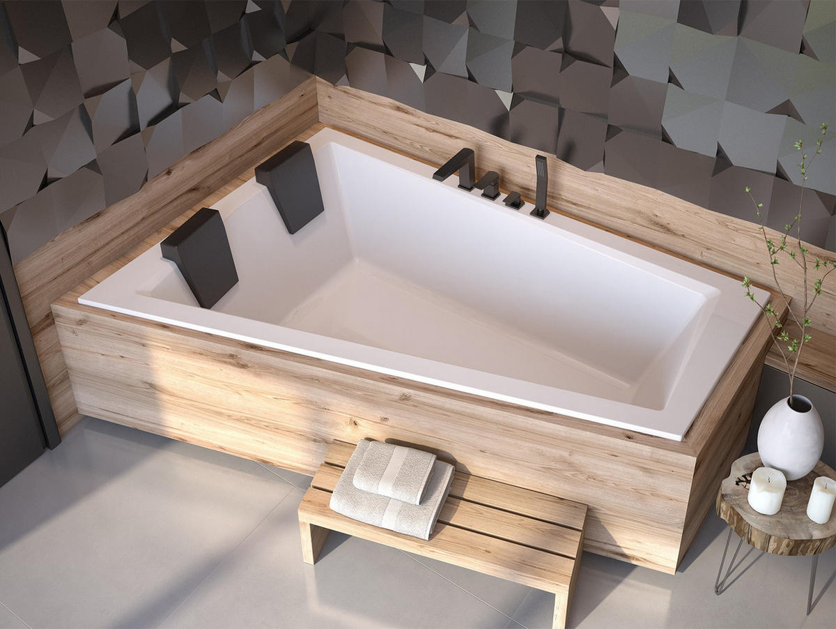 BADEWANNE Eckwanne INTIMA SLIM 180/125 Links mit Styro Ablage 4cm und 2/ Kopfstützen Ablauf Füße - Weiß, Kunststoff (125/55.5/180cm) - bad land