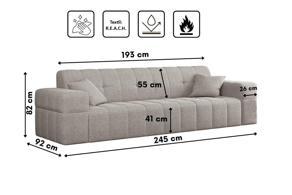 SOFA 3-Sitzer NIMES Stoff Verita Beige - Beige, Holz (245/82/92cm) - Kaiser Möbel