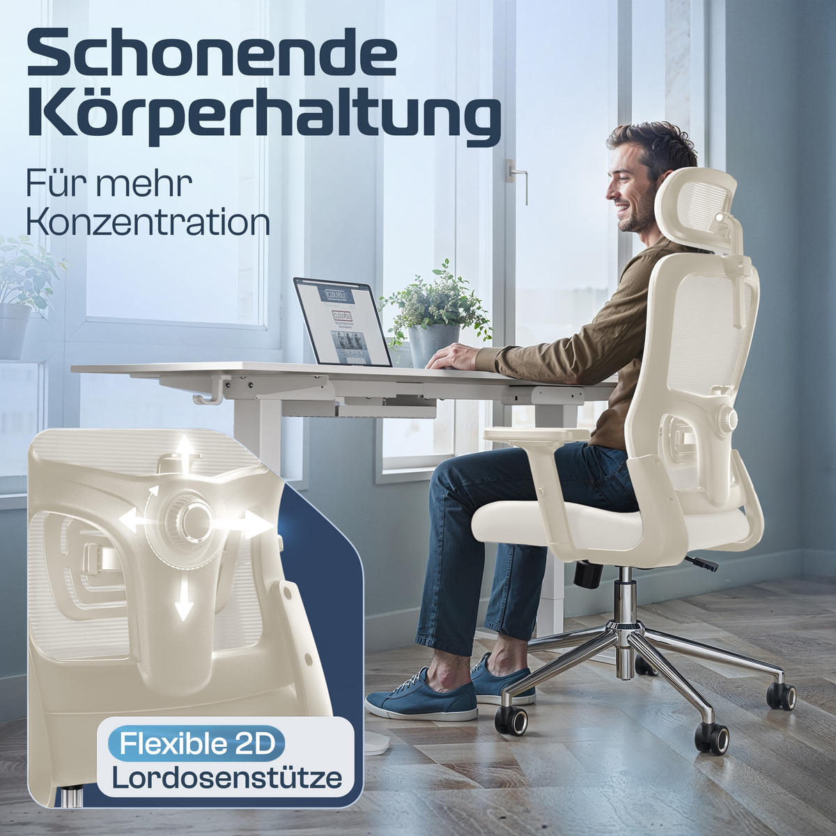 BÜROSTUHL BrightSeat Creme-Weiß - Beige/Silberfarben, Kunststoff/Textil (70/142/70cm) - Clouvou